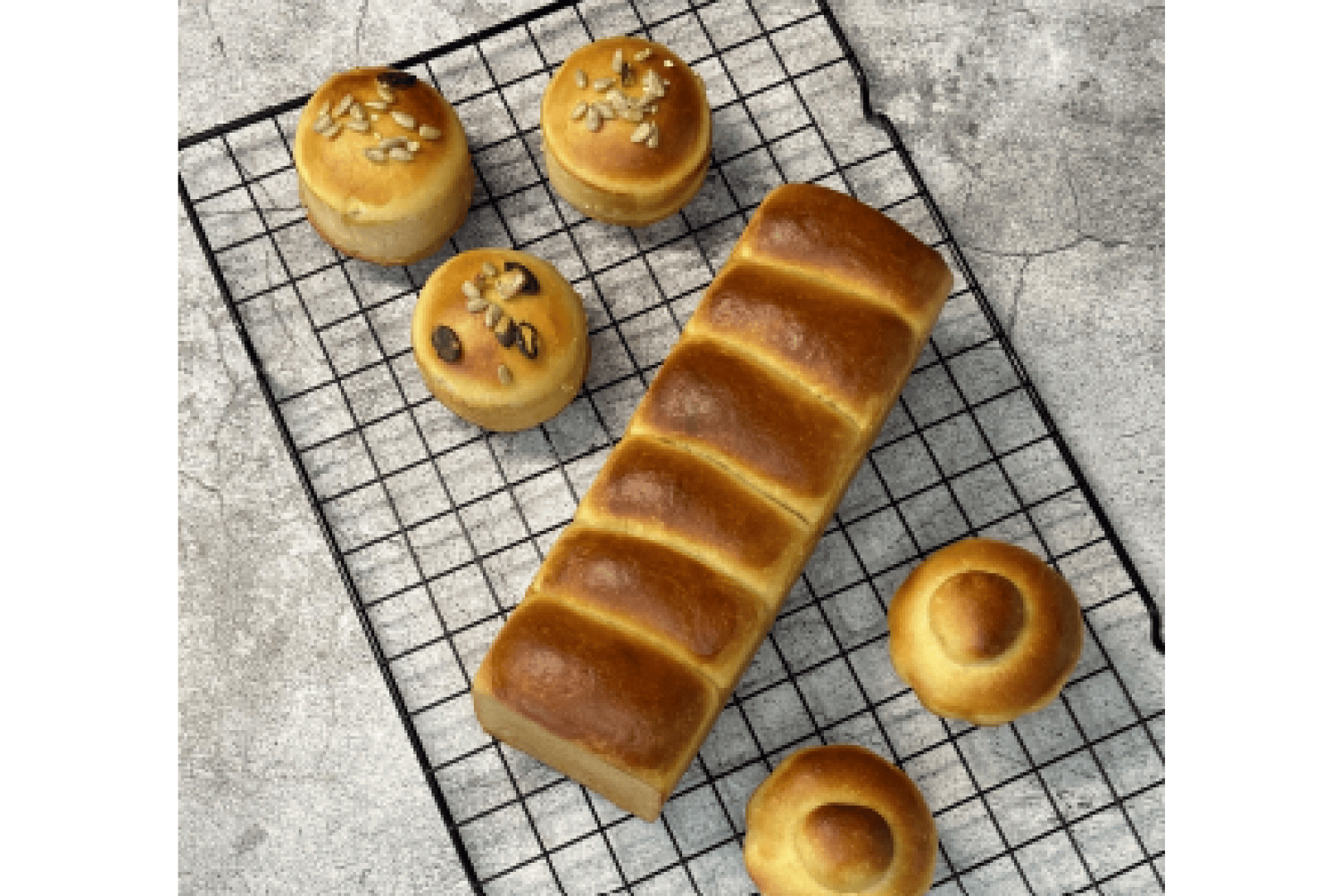 Auf einem Kühlregal liegen ein rechteckiger Brotlaib mit glänzender, goldener Kruste und fünf runde Brötchen, zum Teil mit Körnern belegt, auf einer leicht strukturierten Oberfläche.