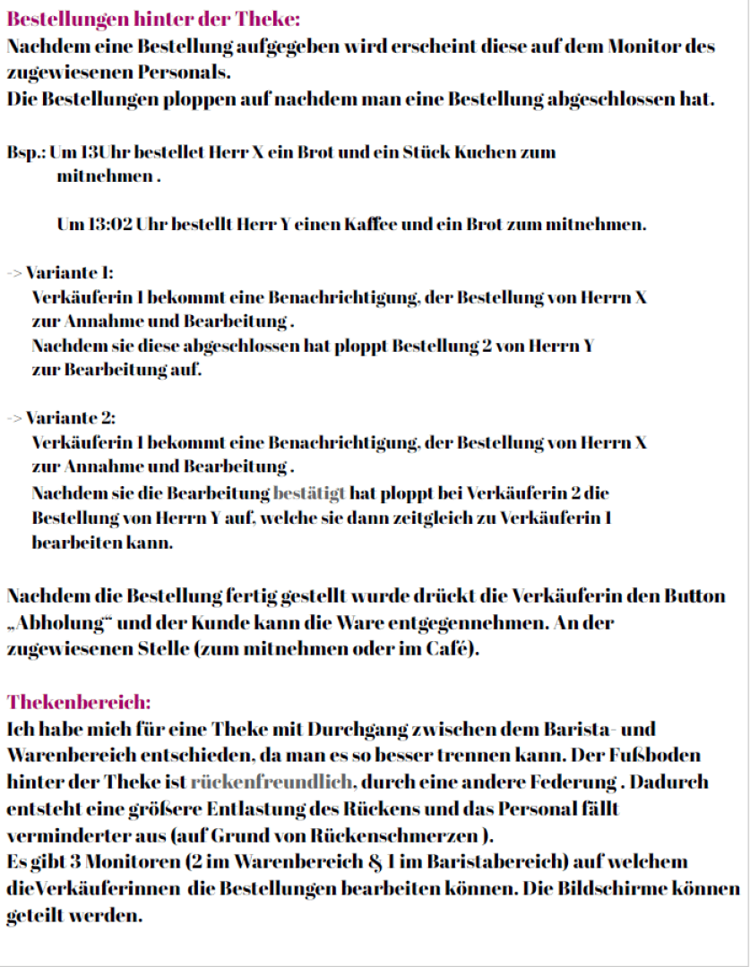 A German text document describing the process for handling customer orders behind a counter and in a thekenbereich (counter area), including example scenarios, processing steps, and staff/customer notifications. Text is color-coded.