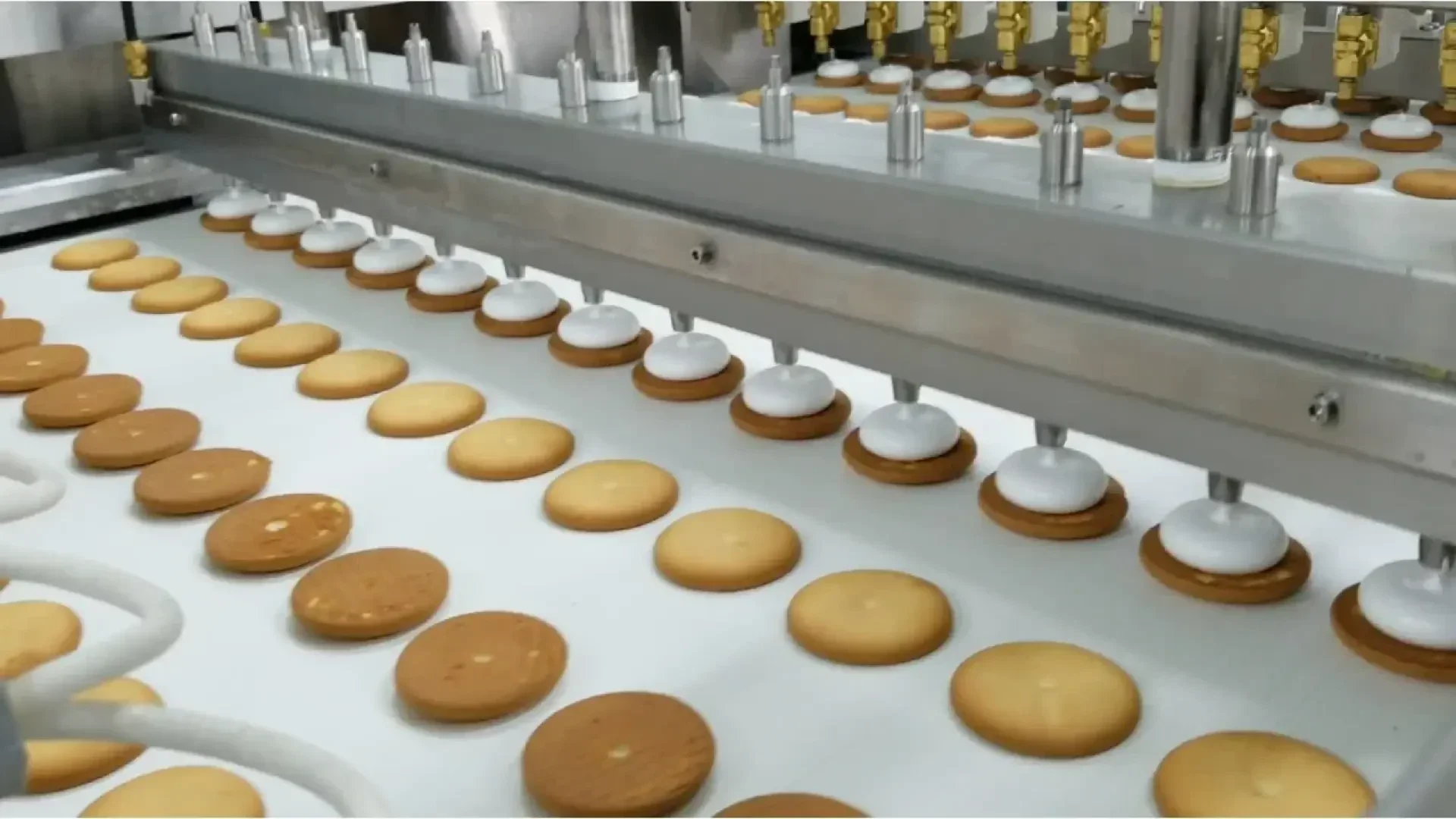 Eine Fabrikmaschine füllt Reihen von runden Keksen auf einem Förderband mit weißer Sahne und automatisiert so den Prozess der Herstellung von Sandwich-Keksen.