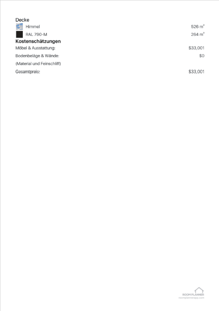 A document in German displays construction cost estimates for a ceiling, listing two surface areas (526 m² and 264 m²), model and features, flooring and walls, and a total price of $33,001. Roofplanner logo at the bottom right.