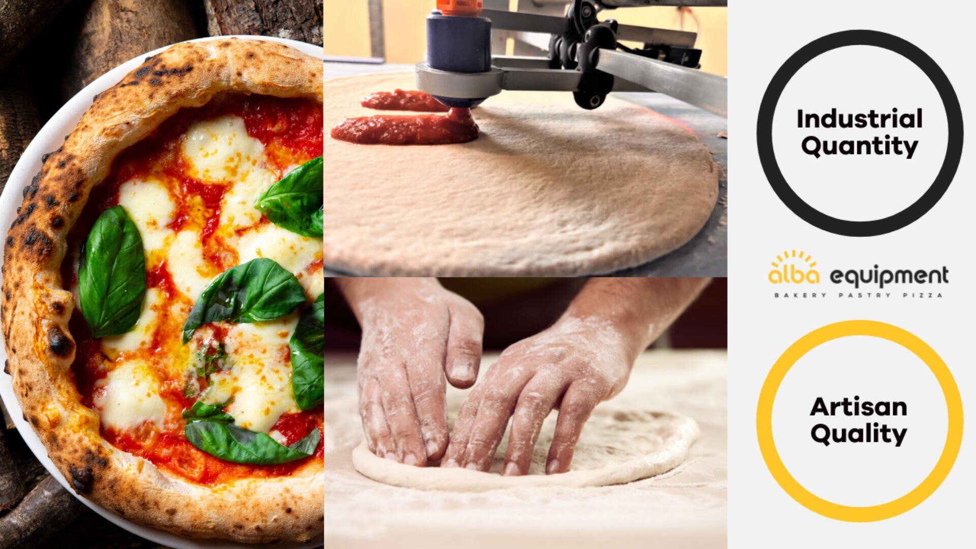 Ein geteiltes Bild zeigt eine klassische Pizza Margherita, eine Maschine, die den Teig mit Soße belegt, Hände, die den Teig formen, und einen kreisförmigen Text: „Industrielle Quantität und handwerkliche Qualität“, dazwischen das Logo von Alba Equipment.