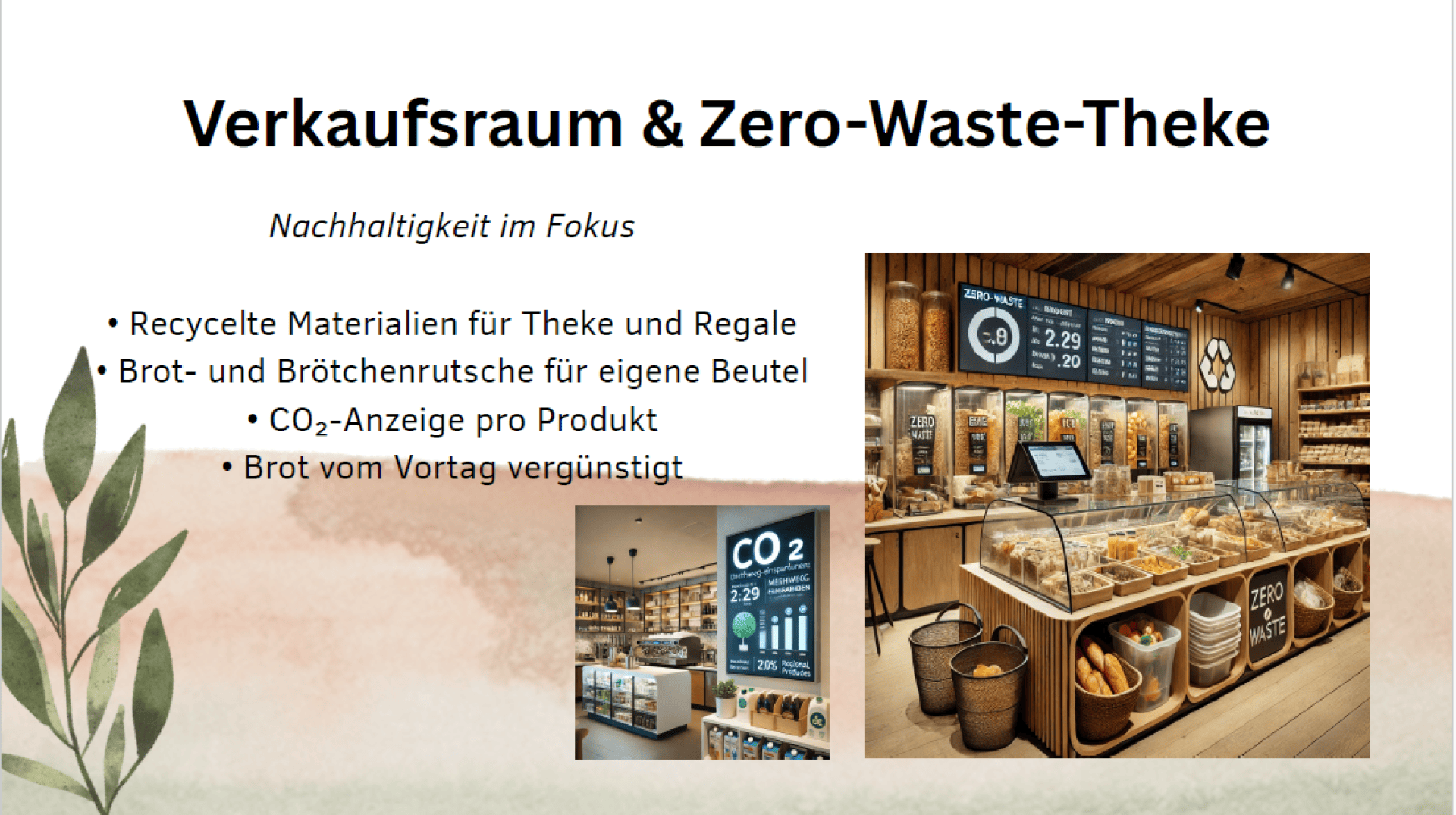 Presentation slide titled Verkaufsraum & Zero-Waste-Theke with a focus on sustainability. Includes bullet points about recycled materials and CO₂ display, alongside two photos of a bakery counter with bread and pastries.
