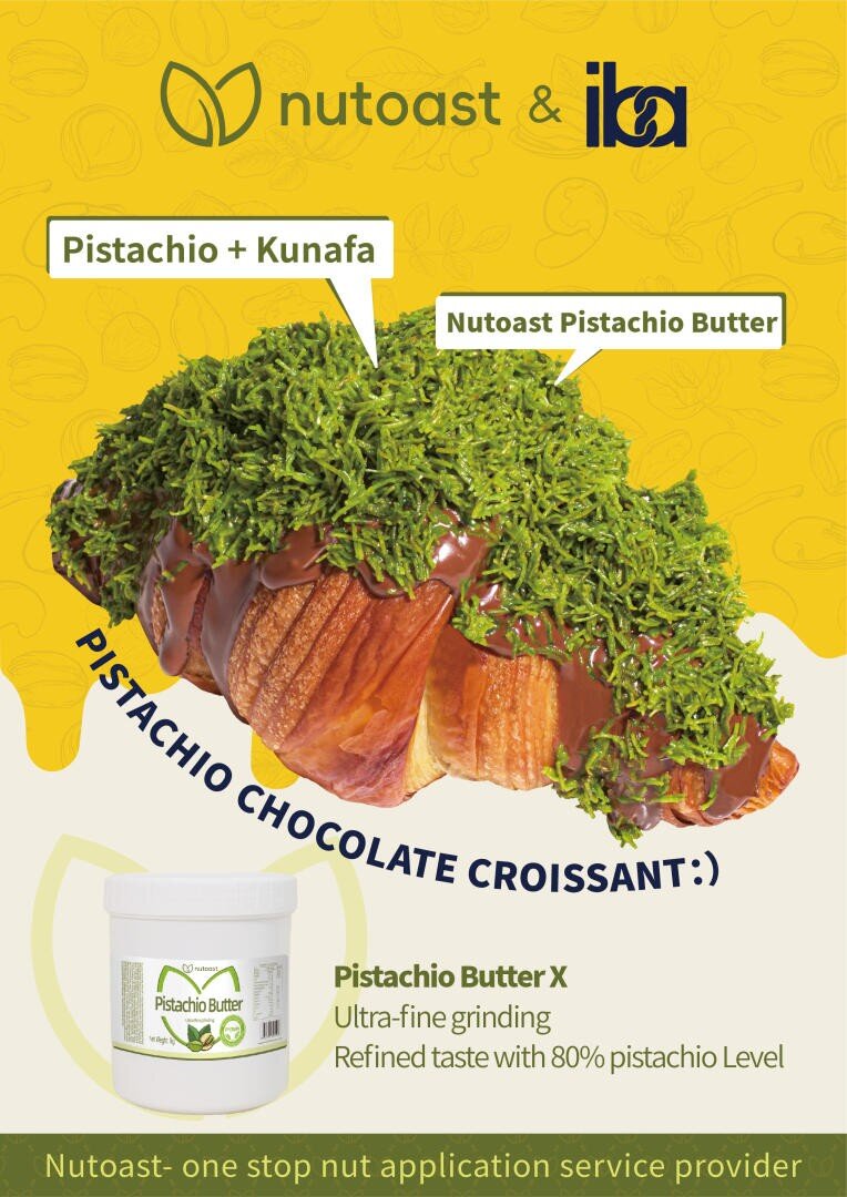 A croissant topped with pistachio kunafa, drizzled with chocolate, and labeled Pistachio + Kunafa and Nutoast Pistachio Butter. Below is a jar of pistachio butter and information about its features.