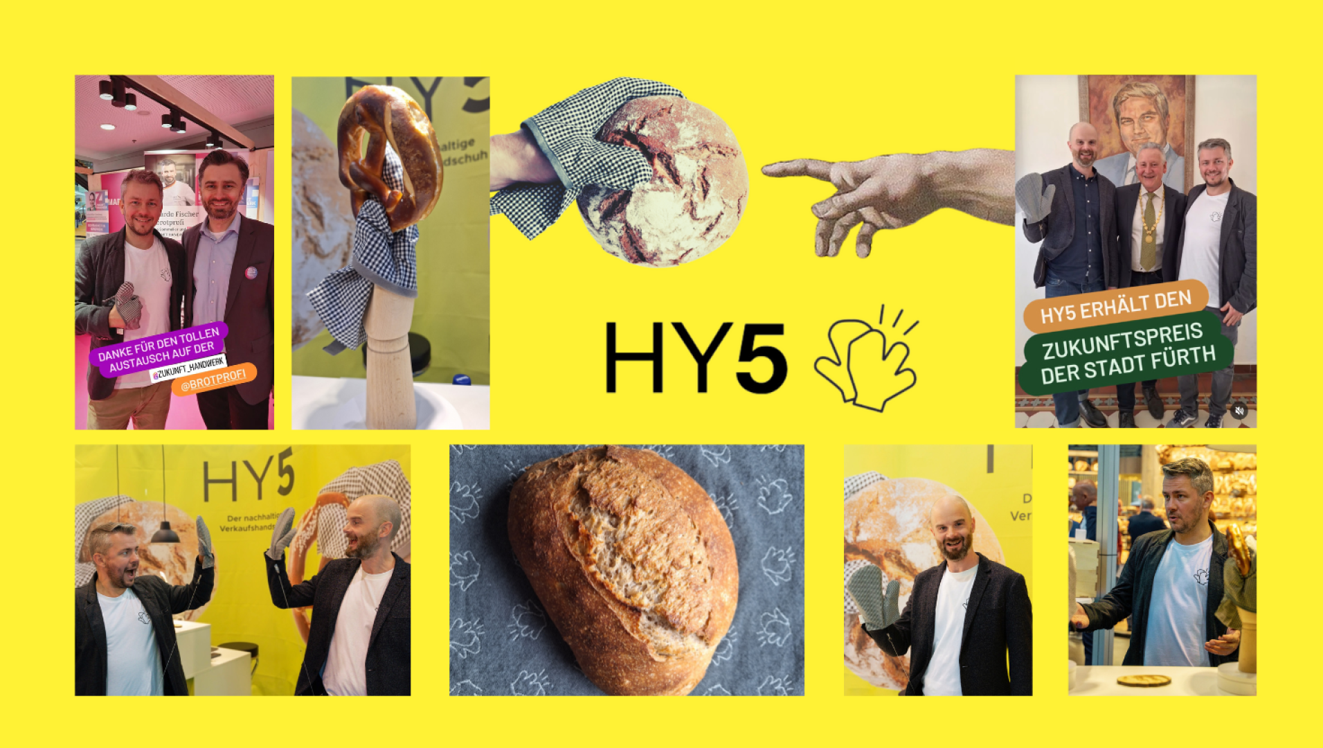 A collage on a yellow background features people holding pretzels, a loaf of bread, two men shaking hands, and the logo HY5 in the center with a hand symbol. German text and award mentions are visible throughout.