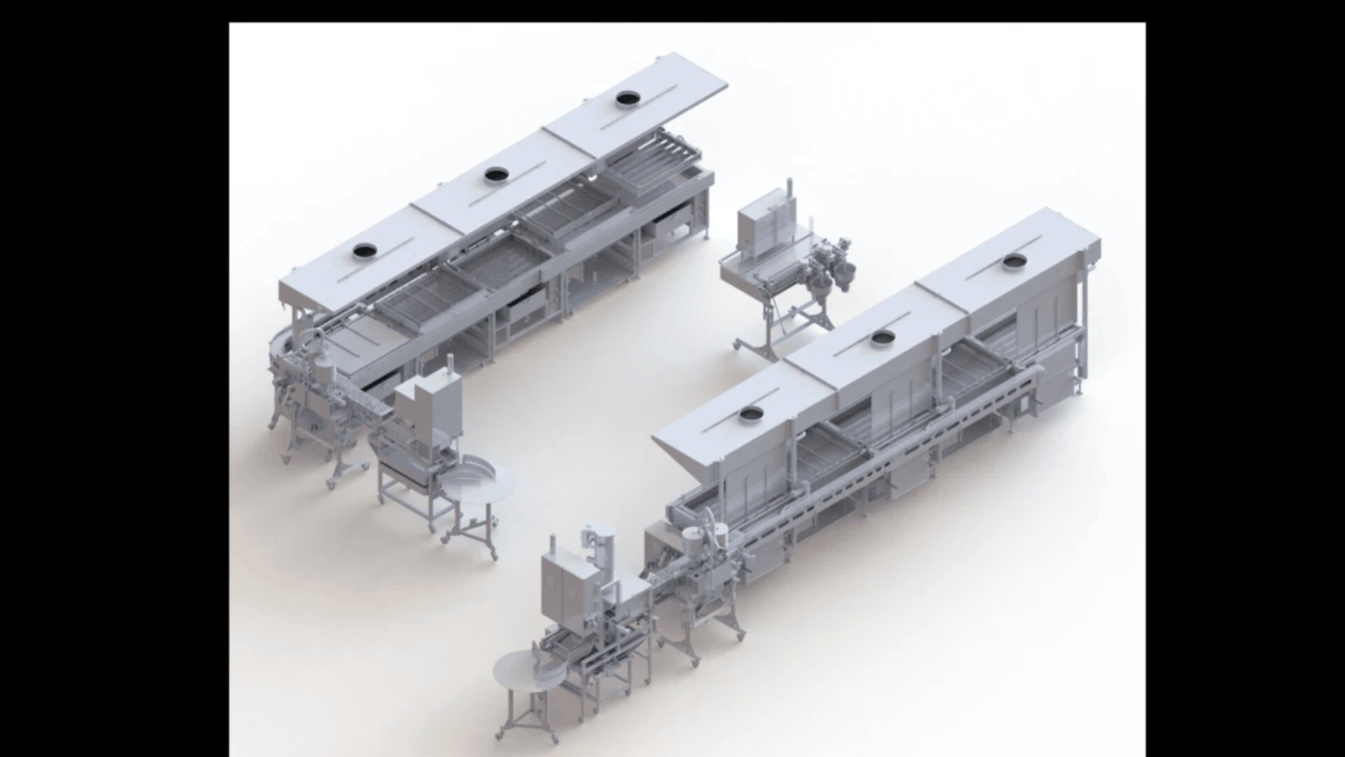 Ein 3D-Rendering eines Fördersystems für die industrielle Lebensmittelverarbeitung mit zwei parallelen Linien mit überdachten Abschnitten, verschiedenen Maschinen und Arbeitsplätzen, die durch Tische und Geräte verbunden sind.