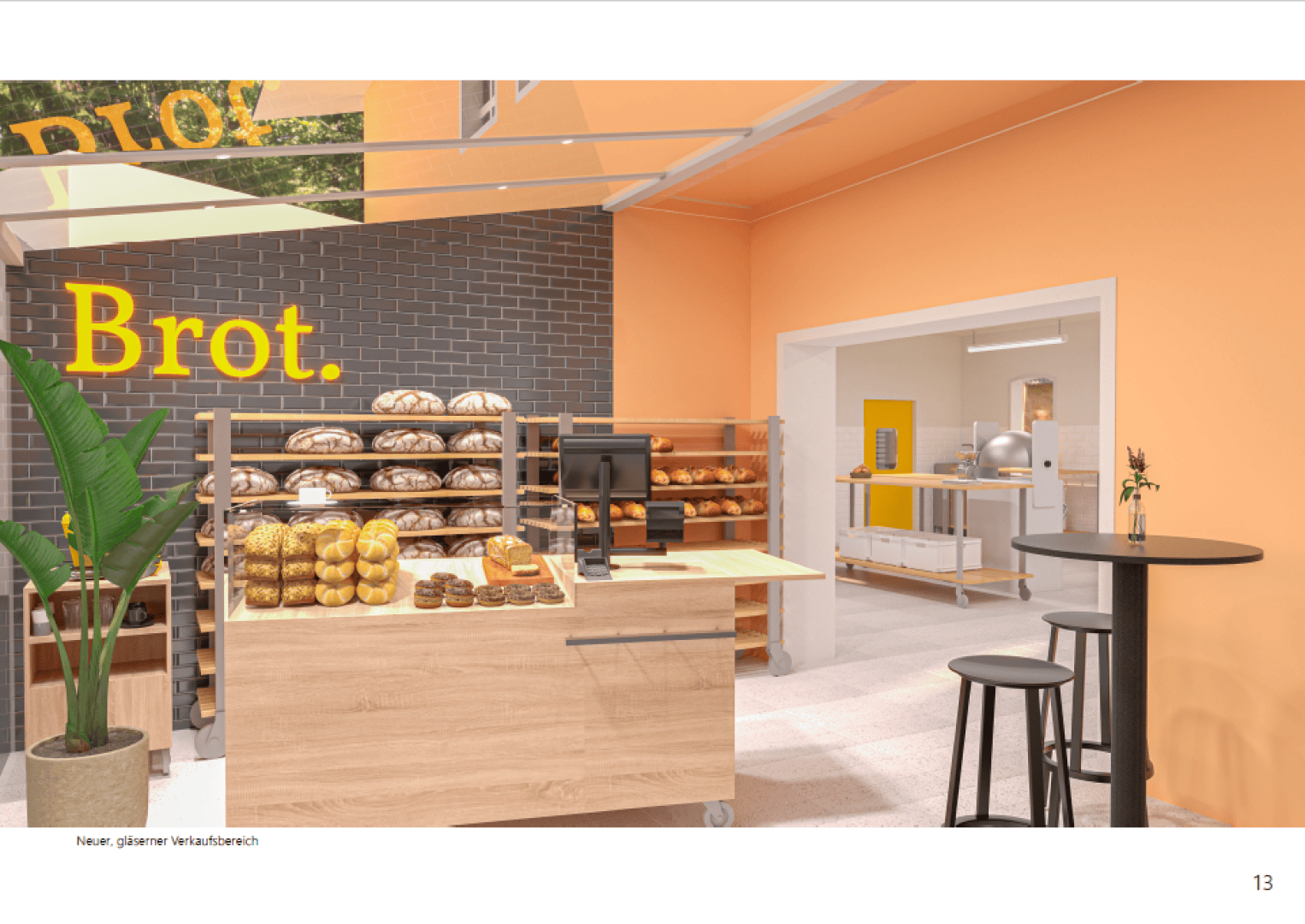 Eine moderne Bäckerei mit Regalen voller Brotsorten, einer Kasse, einer Topfpflanze, hohen Tischen mit Hockern, orangefarbenen Wänden und einem sichtbaren Küchenbereich im Hintergrund.