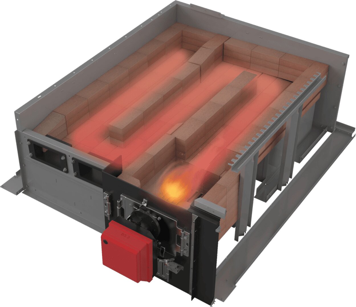Cutaway view of an industrial furnace shows heat flow and brick lining, with a visible burner emitting a flame on the front left and glowing red areas indicating high temperatures inside the chamber.