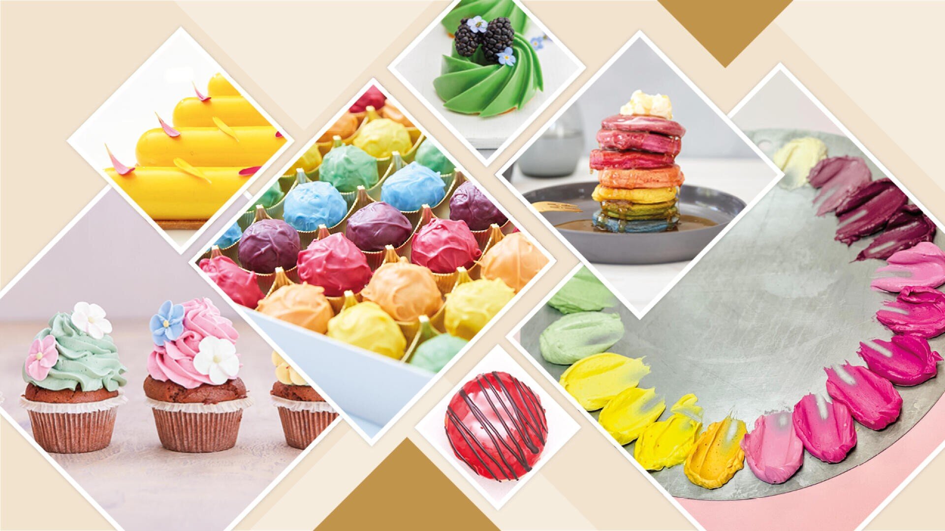 Eine Collage aus bunten Desserts, darunter Cupcakes mit Blumendekorationen, Regenbogen-Baisers, eine grüne Torte mit Beeren, Regenbogenpfannkuchen, ein gelber Kuchen und ein Teller mit halbkreisförmig angeordneten Baiserküssen.