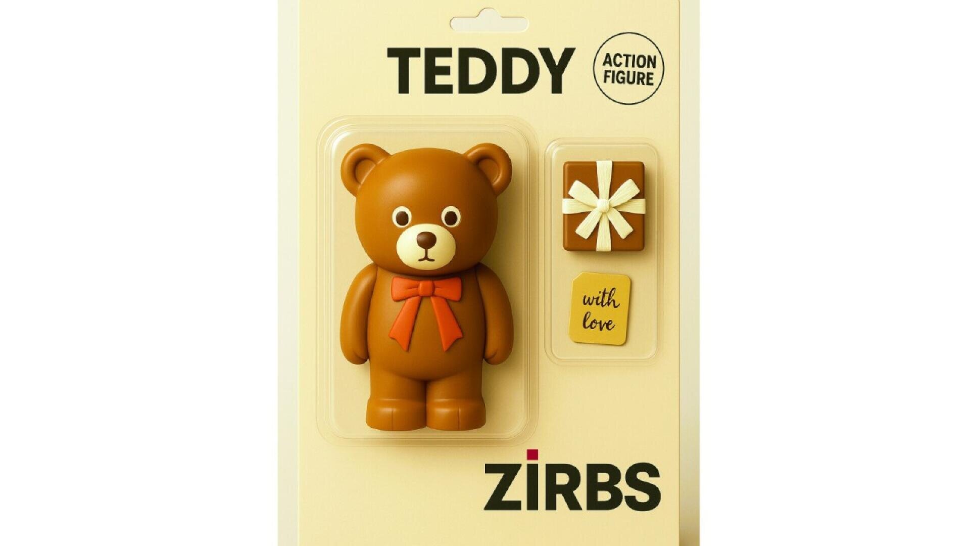 A packaged teddy bear action figure with a red bow, a small gift box with a bow, and a card reading with love. The packaging is labeled TEDDY ACTION FIGURE and ZIRBS.