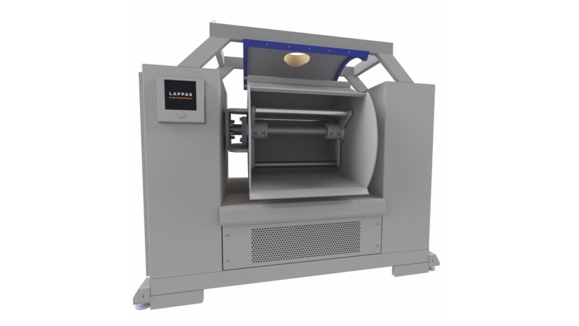 A large, industrial gray machine with an open front compartment, control panel on the left side, and blue accents on the upper edge, standing on a flat surface against a white background.