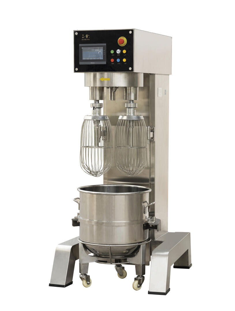 A large industrial stand mixer with two wire whisks and a stainless steel mixing bowl on wheels, featuring a digital control panel and emergency stop buttons, set against a plain white background.