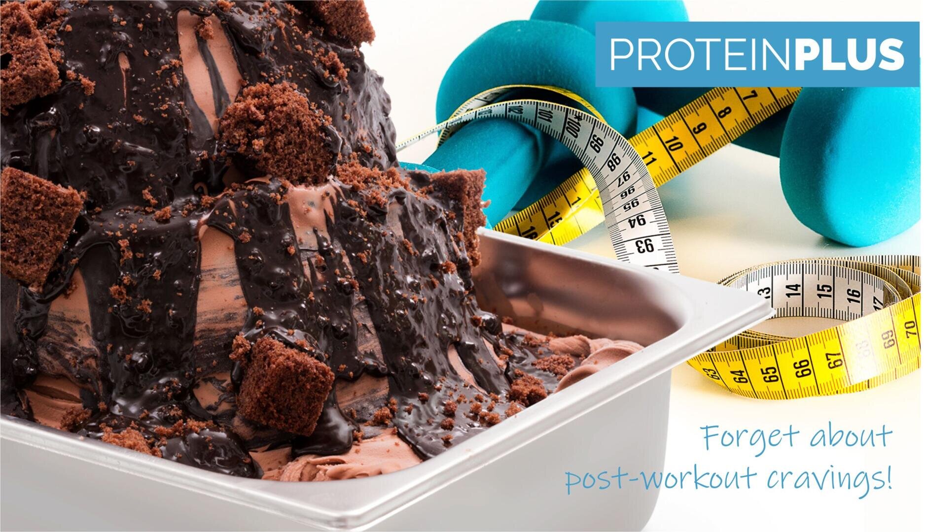 A metal container filled with chocolate protein ice cream topped with chocolate sauce and brownies sits in front of blue dumbbells and measuring tapes. Text reads PROTEIN PLUS and Forget about post-workout cravings!.