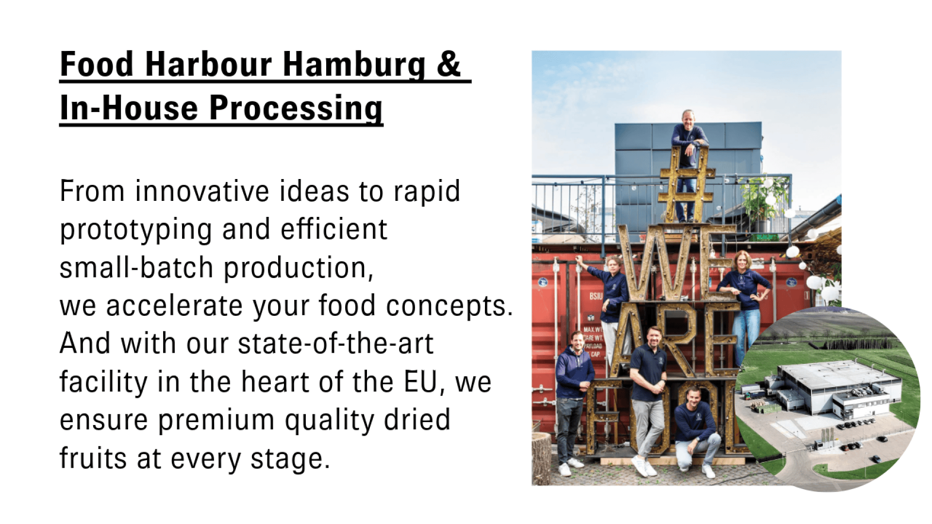 A promotional graphic for Food Harbour Hamburg shows a group of people posing with stacked crates outdoors, spelling WE MAKE FOOD. Beside them is a small aerial photo of a modern facility. Text highlights their food processing services.