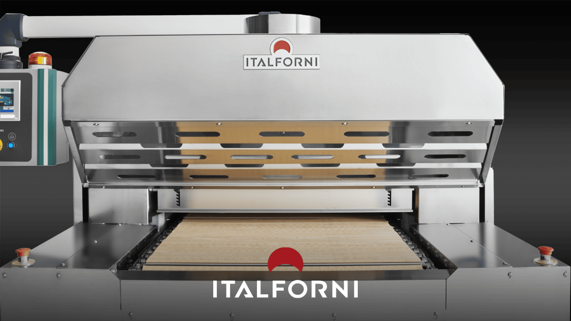 Large Italforni industrial oven made of stainless steel with open front, conveyor belt and control panel for baking or cooking food, against a black background.