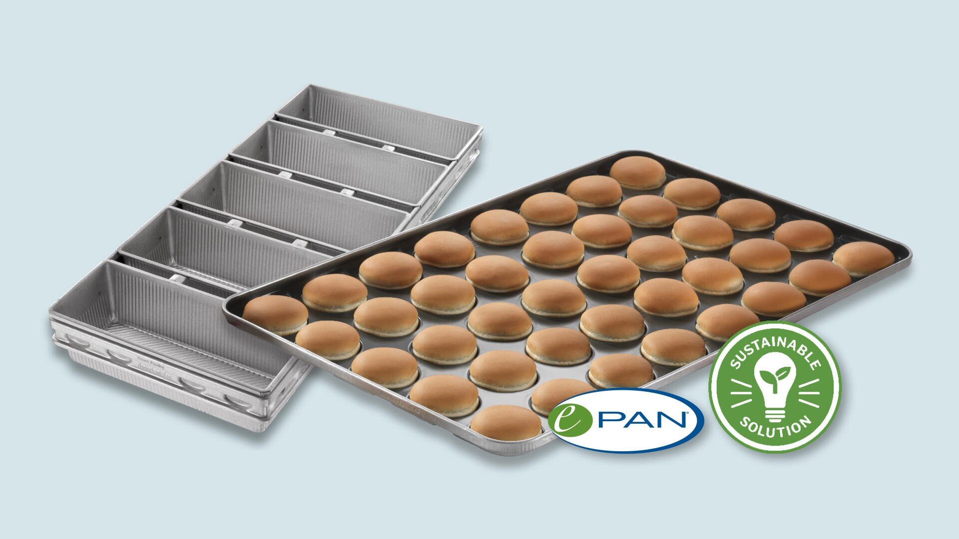 A metal baking tray holds rows of small, round bread rolls. Next to it is a sectioned metal loaf pan. Logos reading “ePAN” and “Sustainable Solution” appear in the lower right corner.