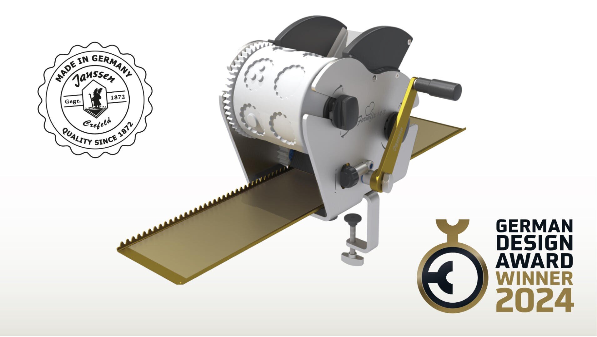Abgebildet ist eine mechanische Brotschneidemaschine mit Handkurbel, in deren Inneren sich ein aufgeschnittenes Brot befindet. Das Bild enthält ein Made in Germany-Siegel und eine Plakette des German Design Award Winner 2024.