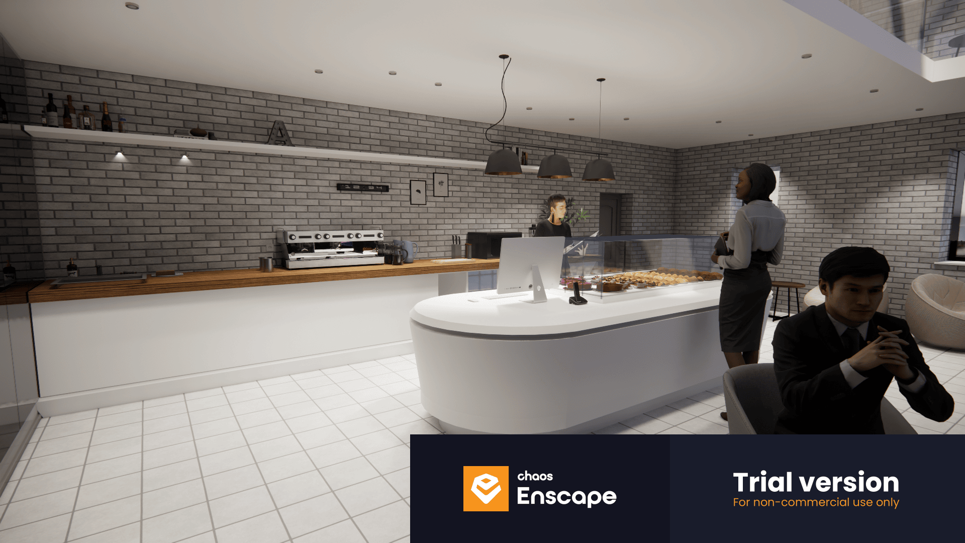 A modern, minimalist café with white tile floors and brick walls. A barista stands behind the counter while a woman orders. Another person sits at a table. The Enscape trial version watermark is visible at the bottom.