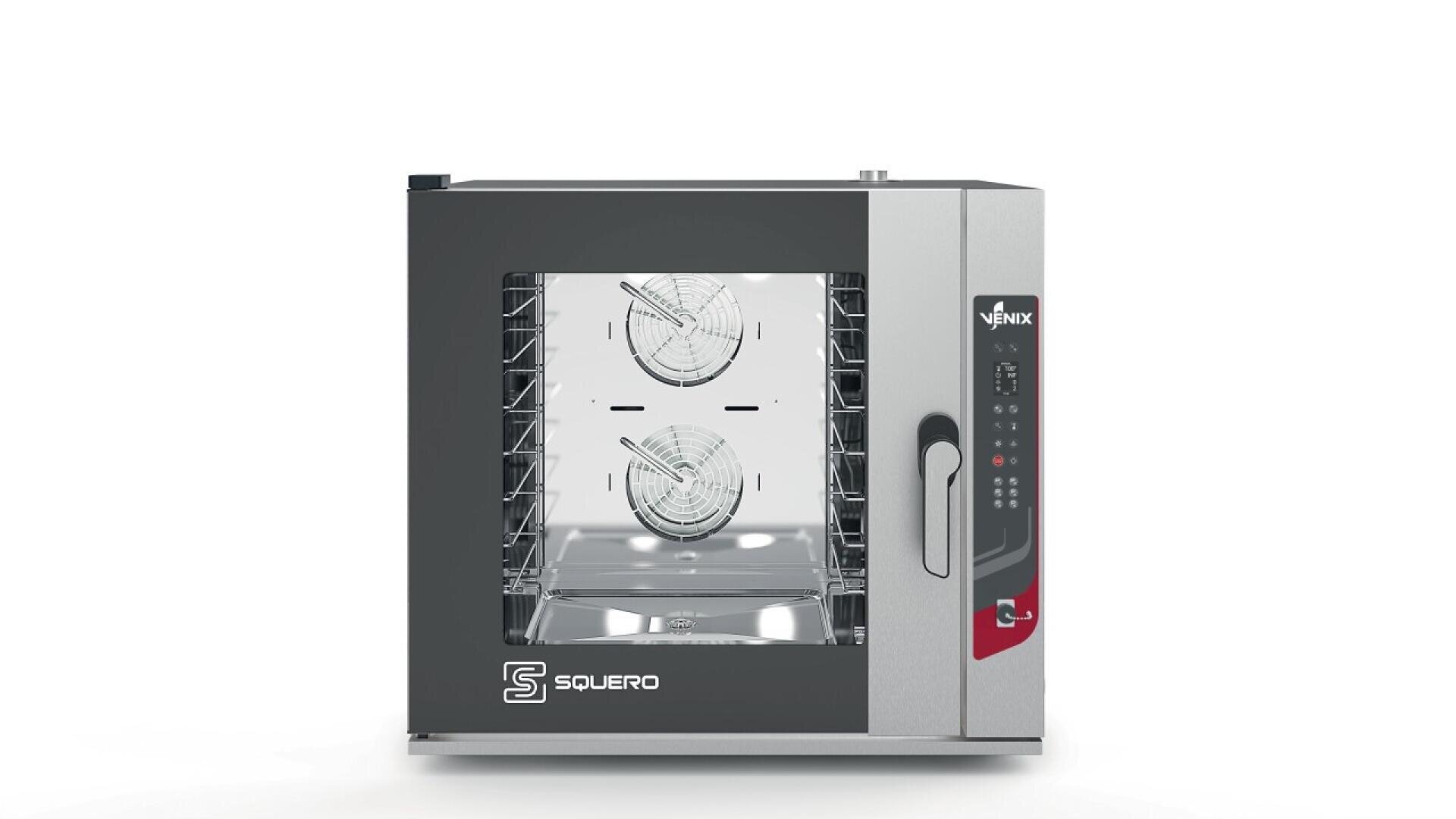 Ein handelsüblicher Konvektionsofen mit Glastür, Metallgehäuse, Bedienfeld auf der rechten Seite, mehreren Einschüben im Inneren und zwei sichtbaren Ventilatoren auf der Rückseite.