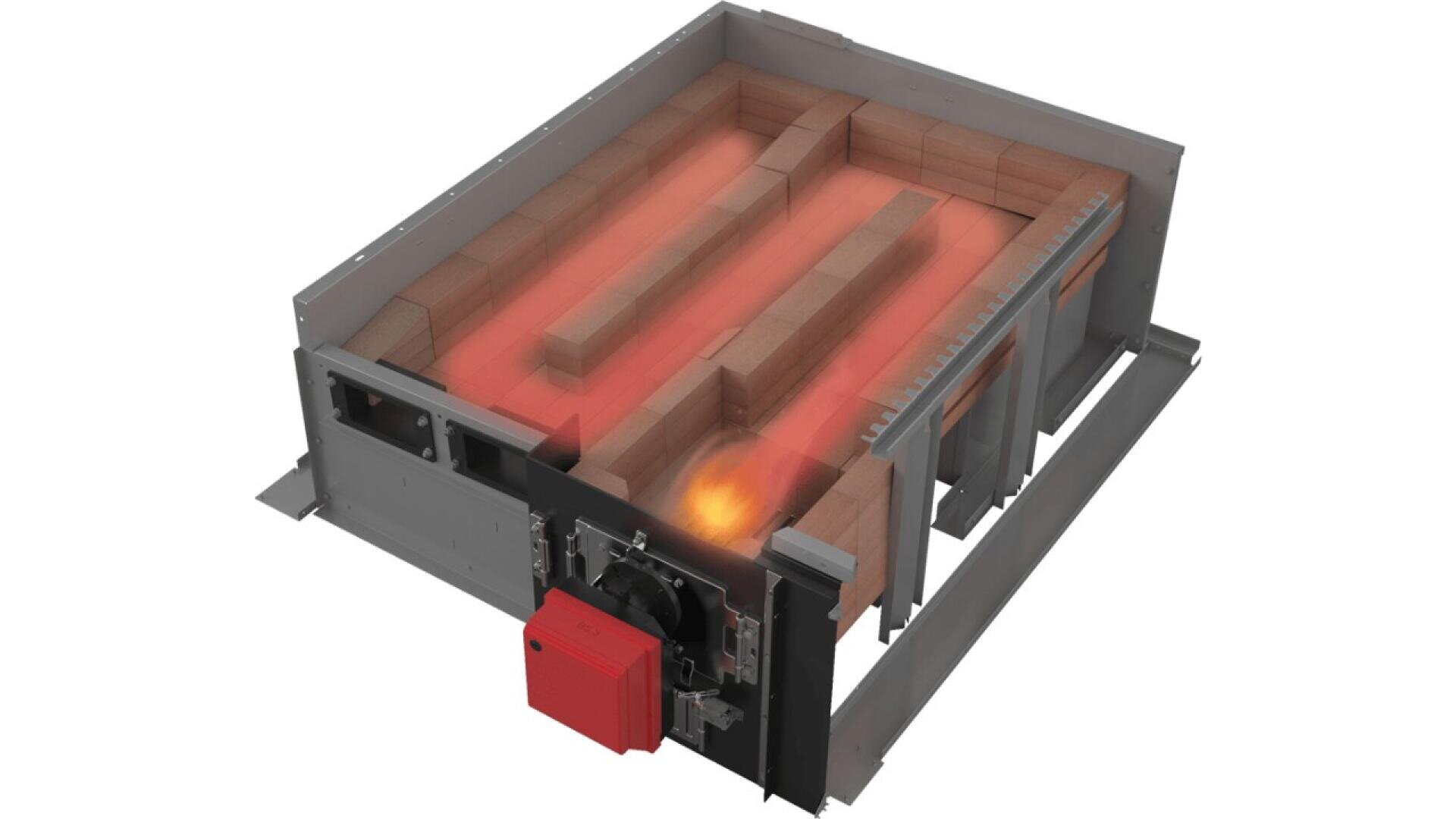 Digitales Rendering eines rechteckigen Industrieofens mit einem glühenden Innenraum, der die Wärmeverteilungswege über die Ausmauerung und eine an der Außenwand angebrachte Brennereinheit zeigt.