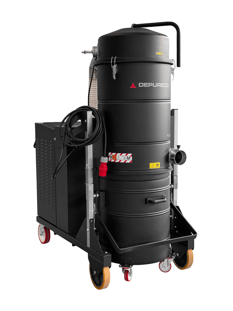 A black industrial vacuum cleaner with red wheels, labeled DEPURECO, featuring hoses, control panel, and a cylindrical body designed for heavy-duty cleaning tasks.