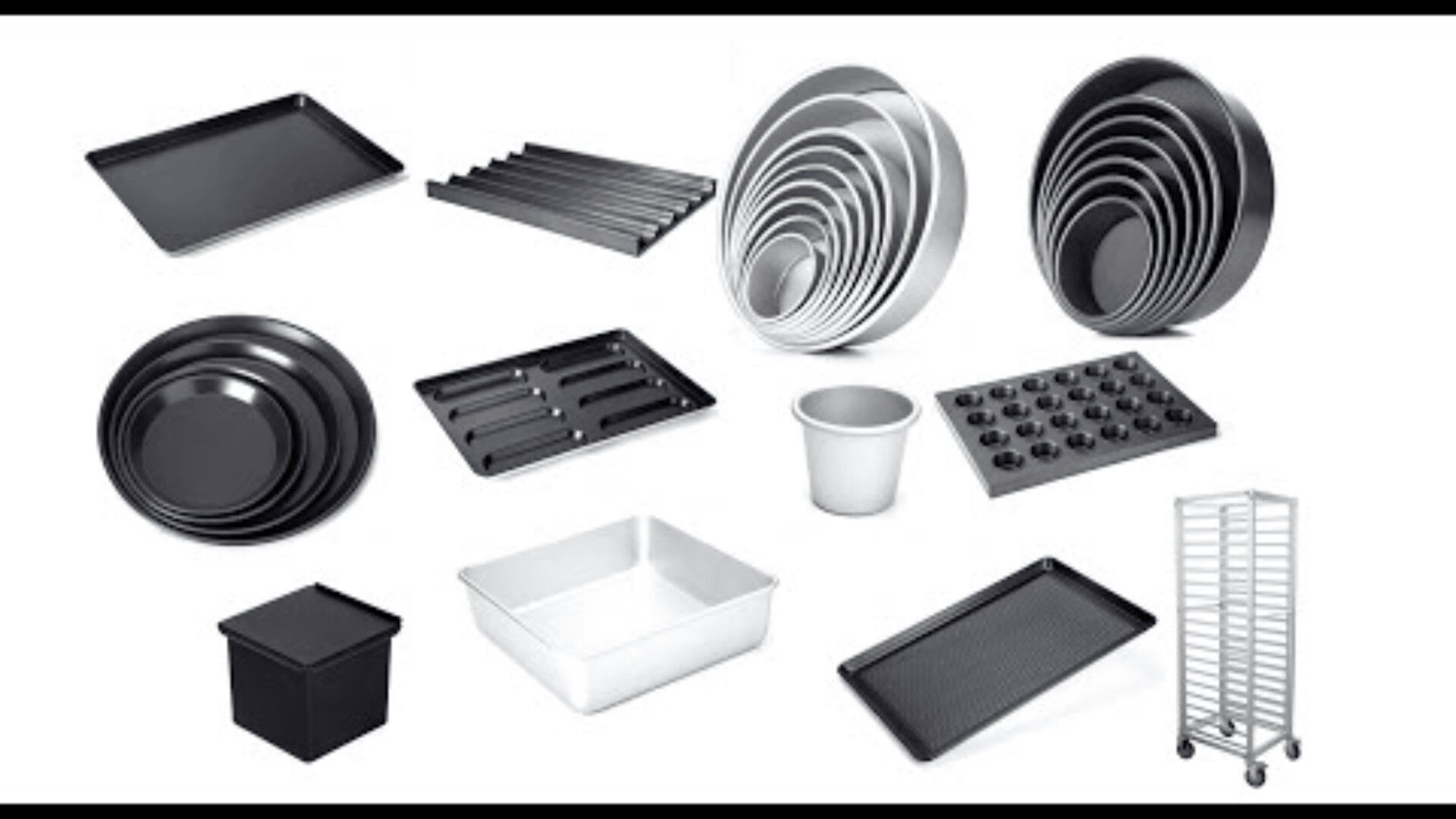 A collection of various baking pans, trays, molds, and racks of different shapes and sizes, including round, square, rectangular, and muffin pans, set against a white background.