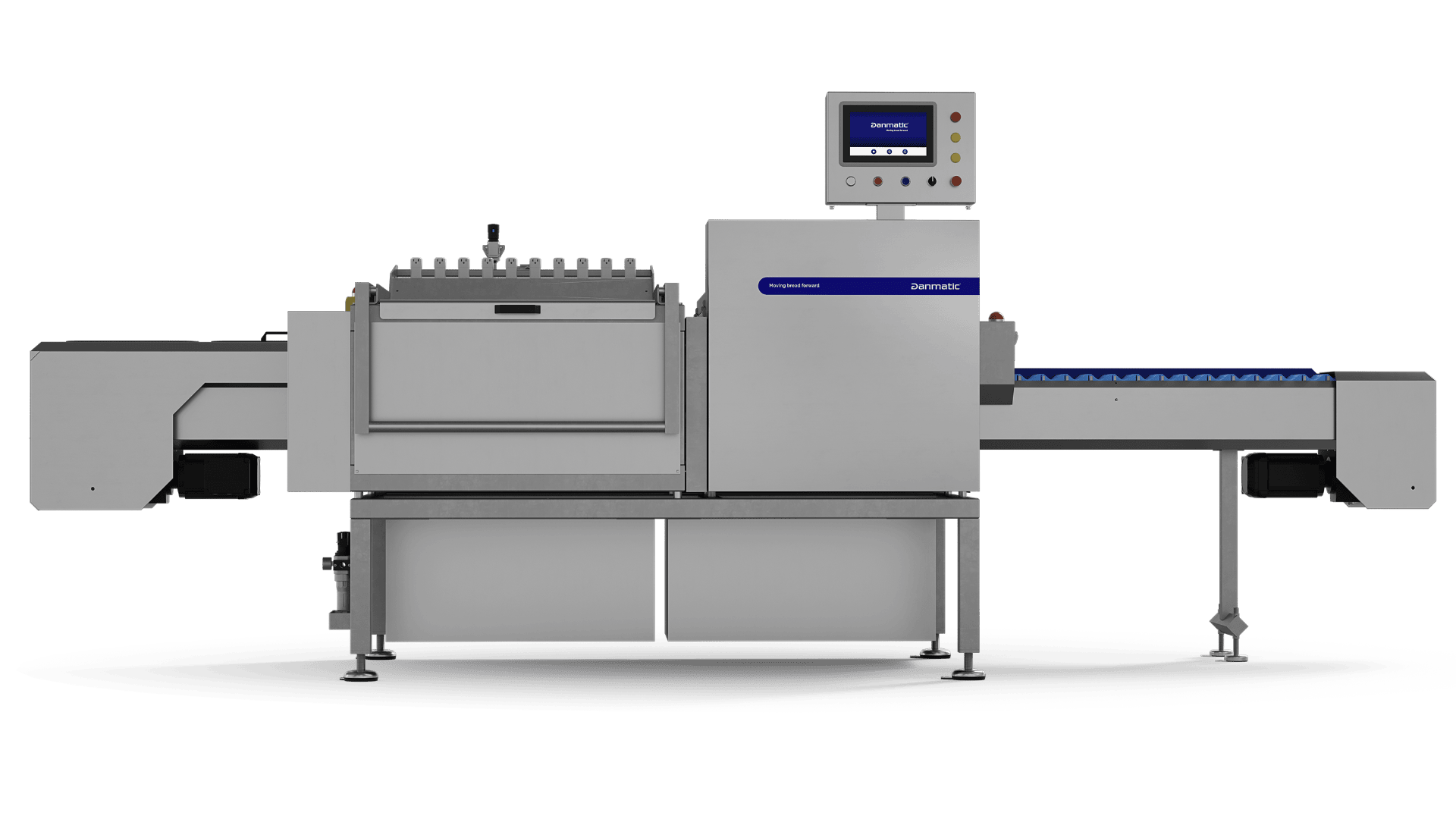 Eine moderne industrielle Lebensmittelverarbeitungsmaschine mit einem Bedienfeld, Förderbändern auf beiden Seiten und einem Gehäuse aus Edelstahl, die für die automatisierte Lebensmittelproduktion konzipiert ist.