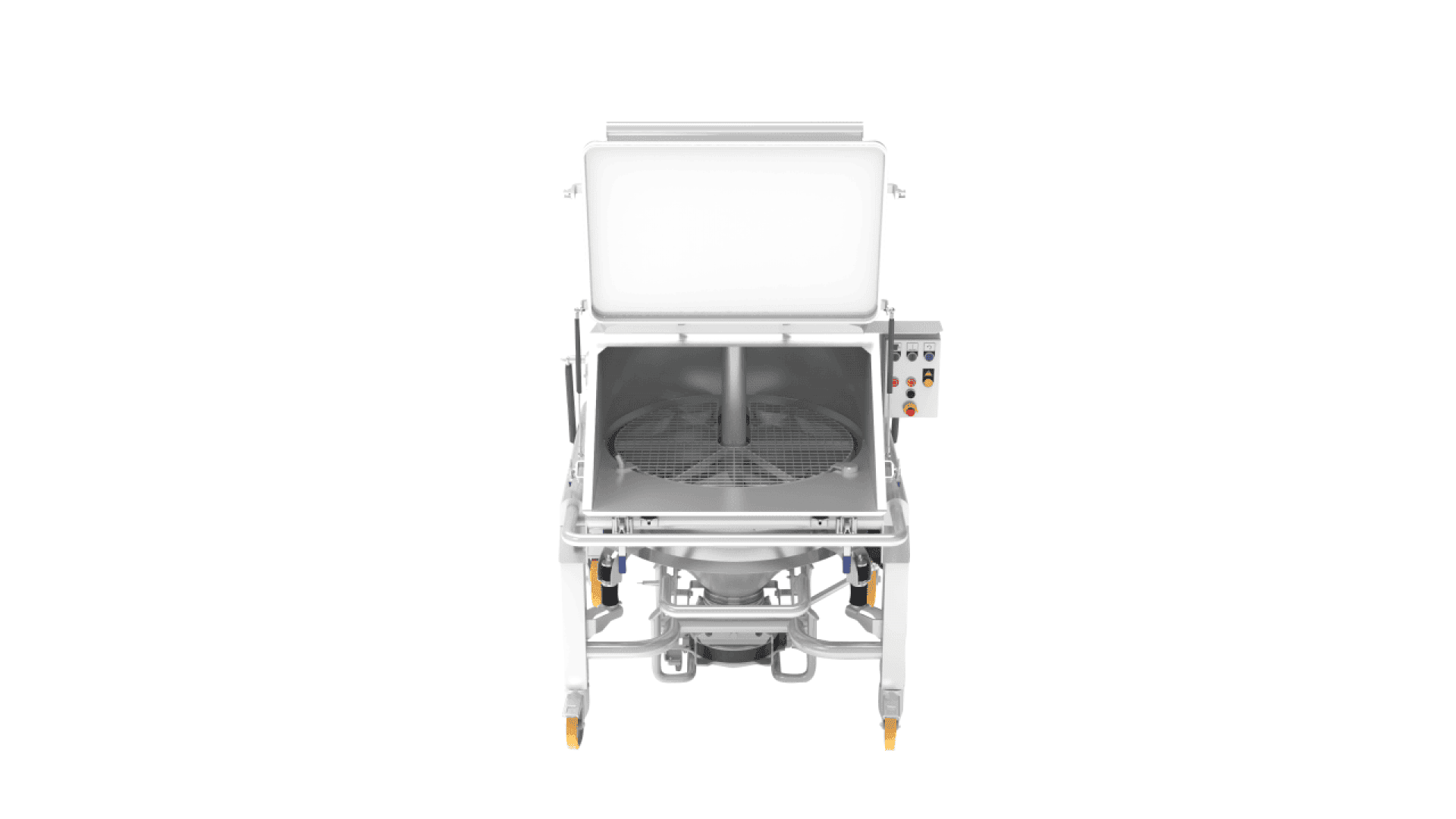 Industrial stainless steel cooking kettle with an open lid, mixing mechanism inside, control panel on the side, and four caster wheels for mobility, isolated on a white background.