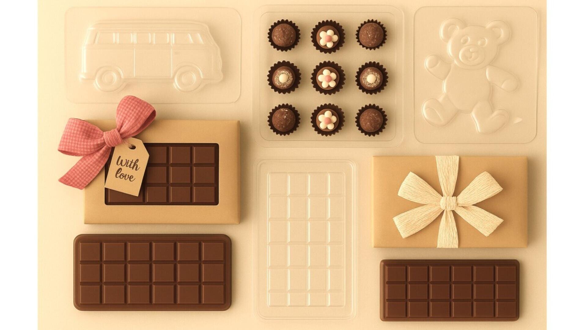Boxes of chocolate bars with decorative bows and a with love tag, a tray of round chocolates, and empty plastic molds shaped like a van, a bear, and a chocolate bar, all arranged neatly on a beige background.