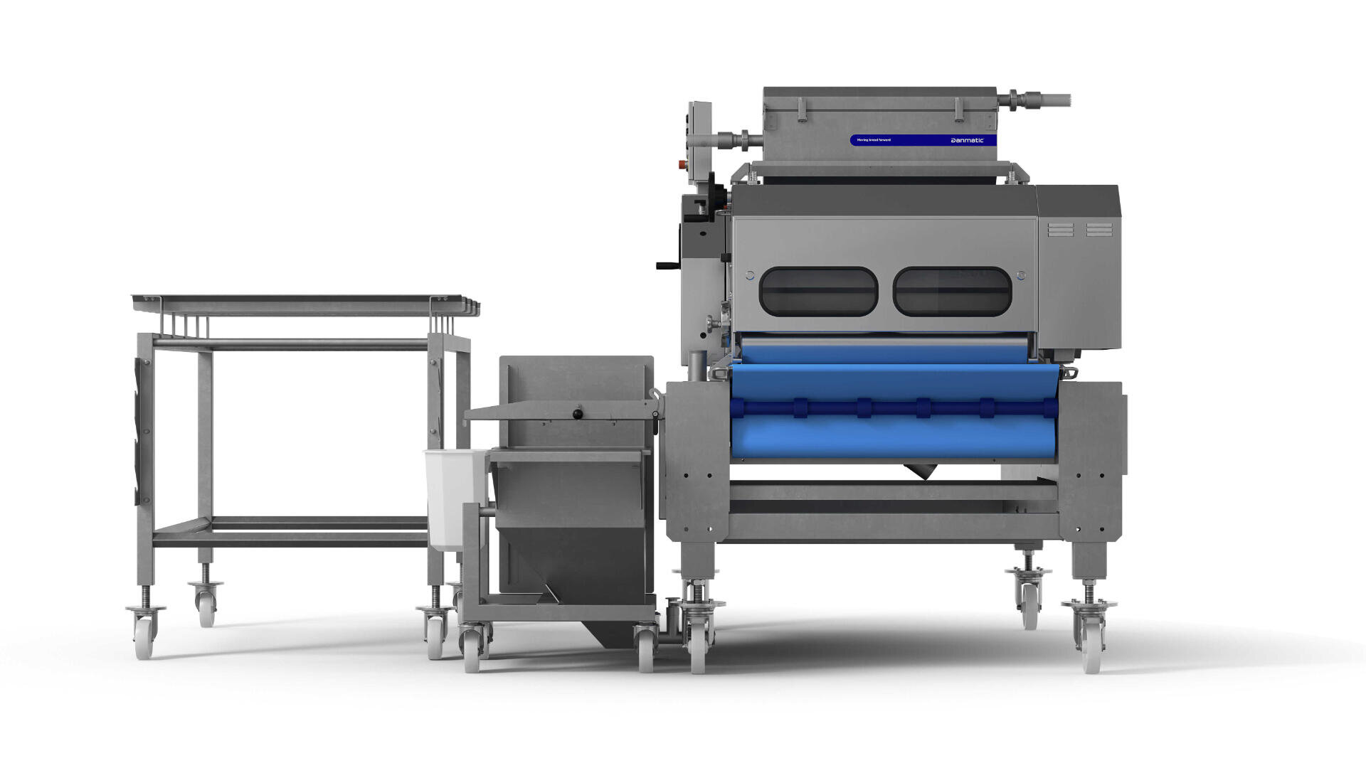 Industrial food processing machine with a stainless steel frame, conveyor belt, and attached metal cart, all on wheels. The main unit has a blue roller and enclosed sections, set against a white background.