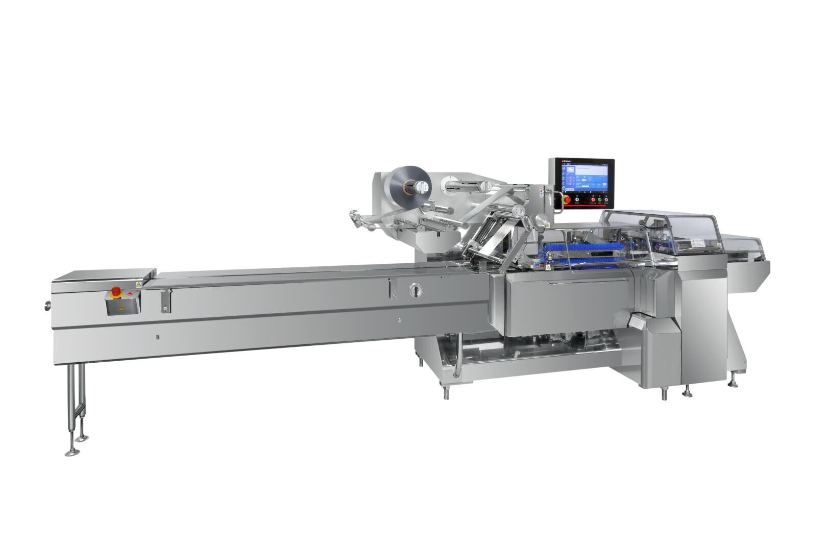 A large, stainless steel industrial packaging machine with a conveyor belt, control panel with screen, and clear protective covers, designed for automated wrapping and sealing in food or product manufacturing.