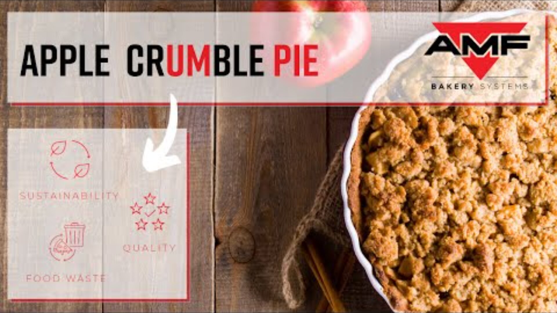 A close-up of an apple crumble pie on a rustic wooden table, with text overlay reading Apple Crumble Pie. Icons for sustainability, food waste, and quality are shown, along with the AMF Bakery Systems logo.