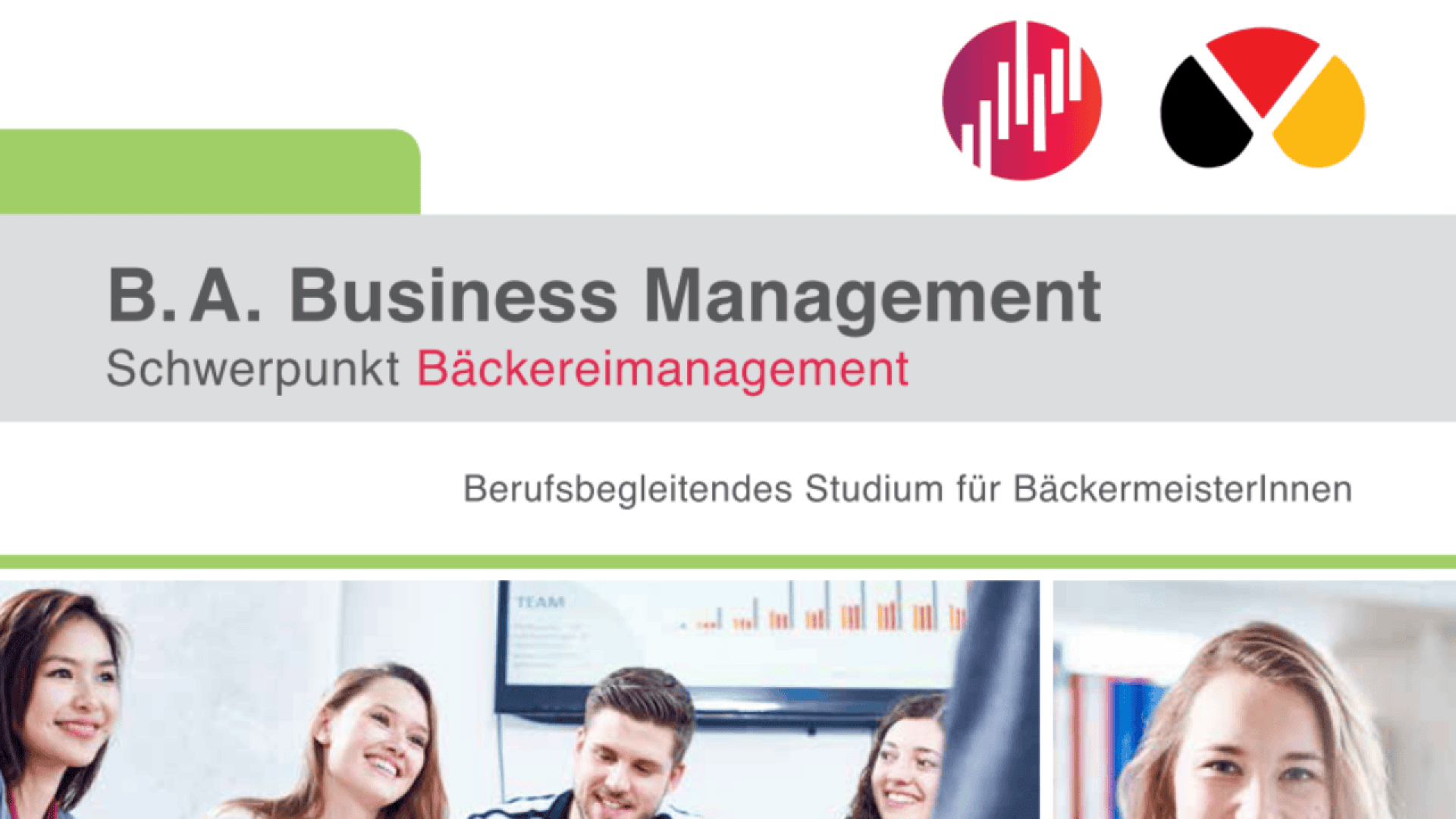 Promotional image for a B.A. Business Management program with a focus on bakery management, showing smiling people in a meeting, and colorful logos at the top. Text in German describes part-time study for master bakers.