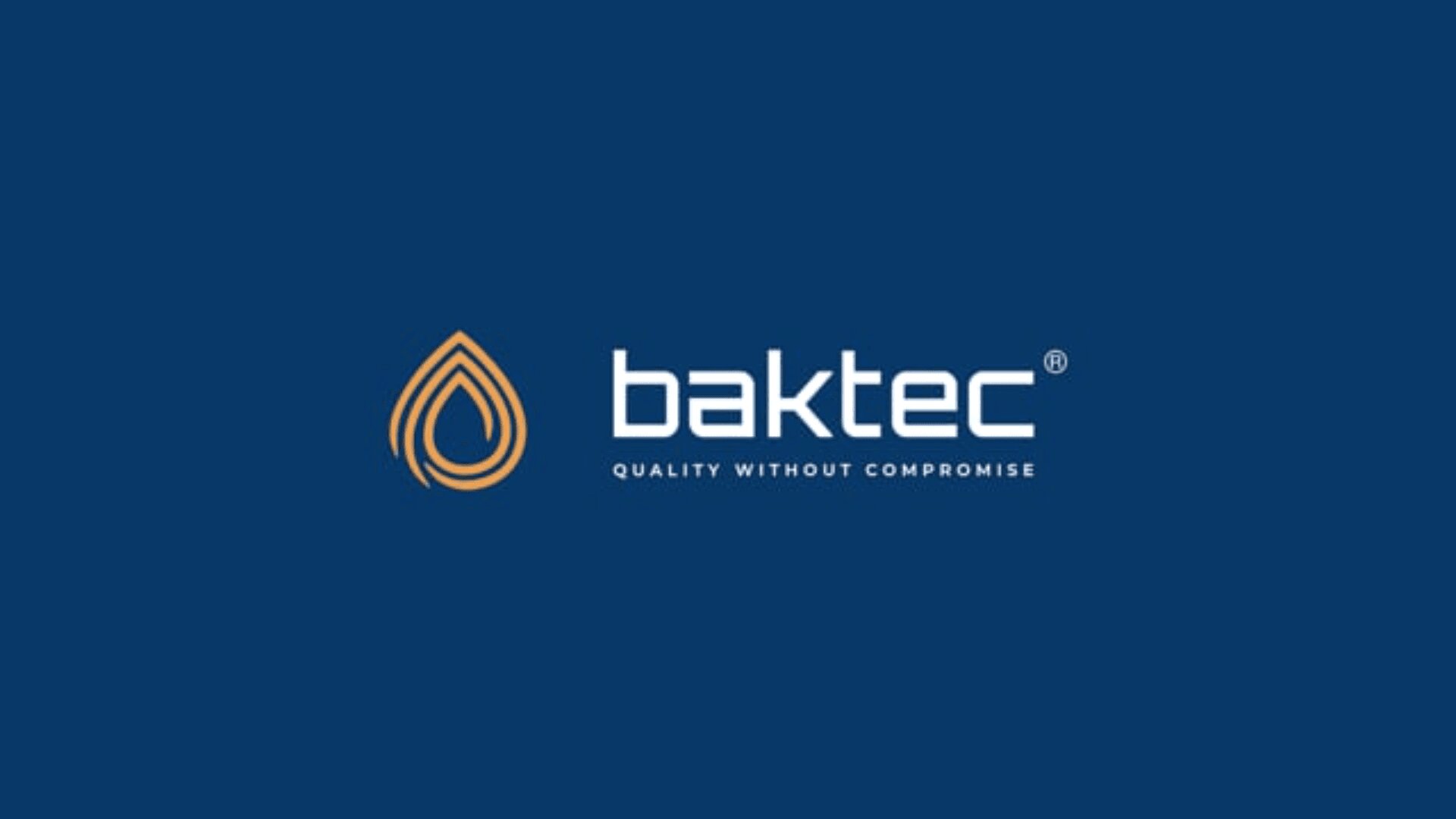 Baktec logo on a dark blue background, with a golden drop-shaped symbol and the words baktec® and QUALITY WITHOUT COMPROMISE in white lettering.