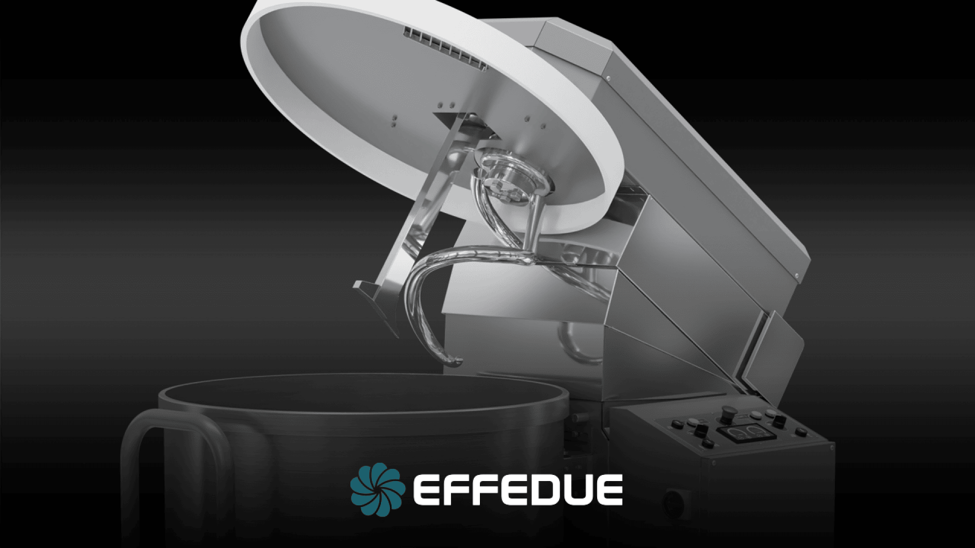 A large industrial dough mixer with an open lid and spiral-shaped kneading attachment in a modern metal design. The EFFEDUE logo can be seen at the bottom center of the picture.