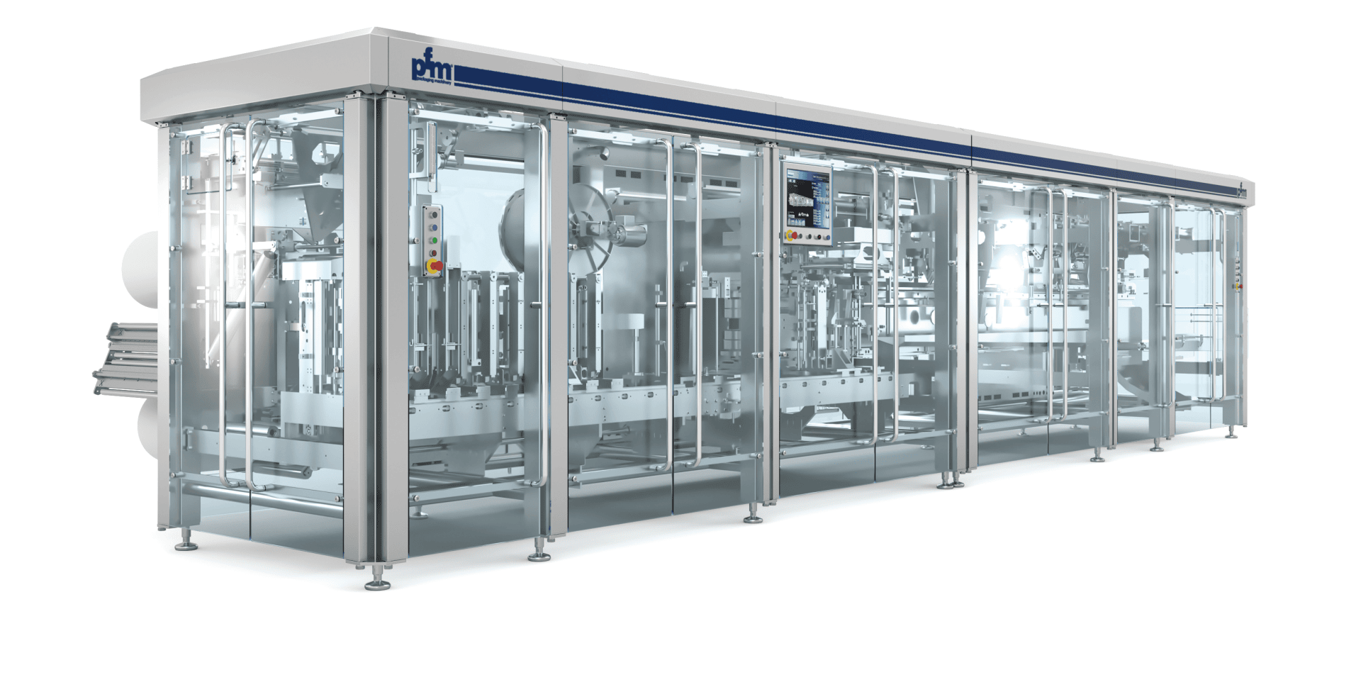 A modern industrial packaging machine with a transparent enclosure, displaying complex mechanical parts and control panels, designed for automated processing and packaging.