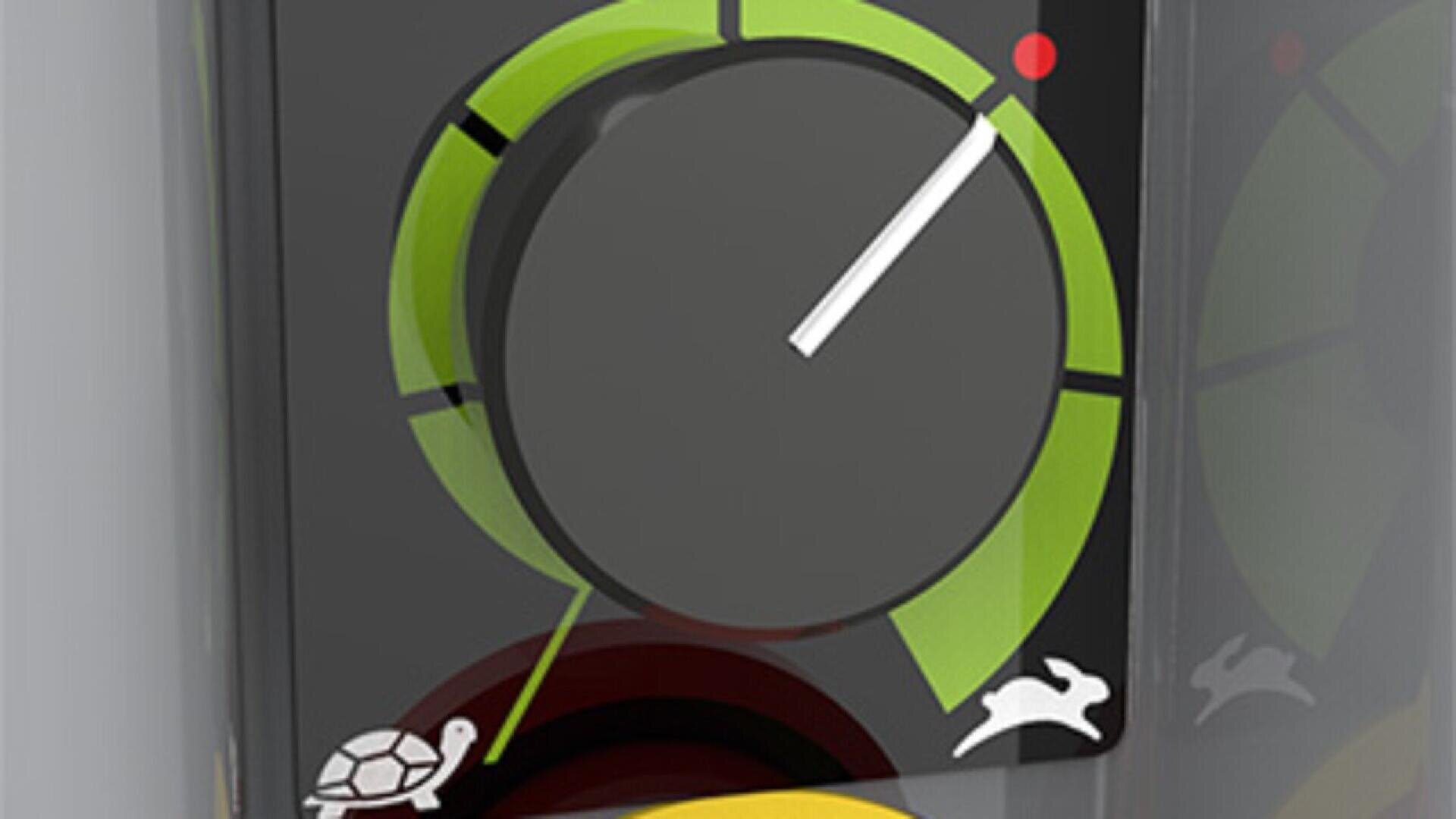 A close-up of a black control dial with green, yellow, and red markings, a white pointer, a turtle icon on the left for slow, and a rabbit icon on the right for fast.