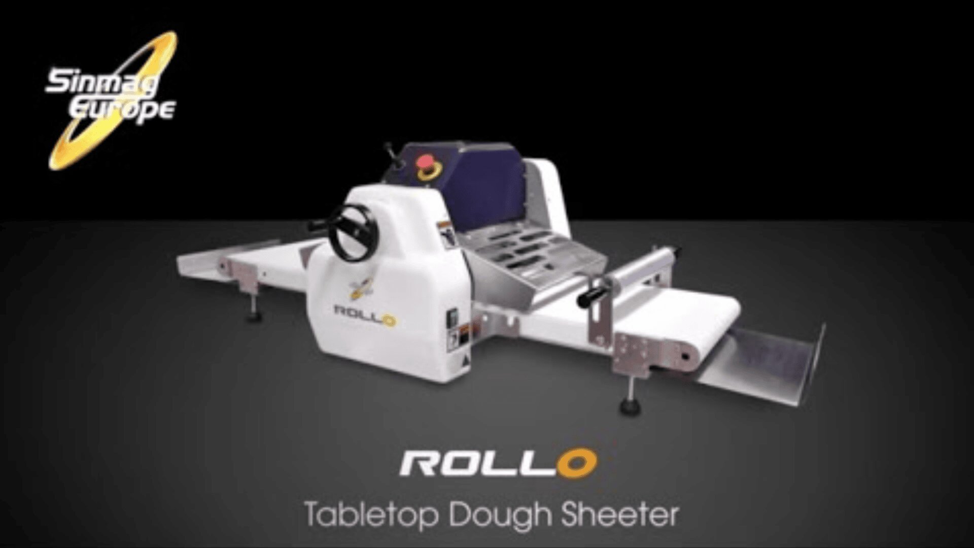 A white tabletop dough sheeter machine labeled ROLLO by Sinmag Europe is displayed on a dark background, with conveyor belts extending from both sides and text reading Tabletop Dough Sheeter below the image.