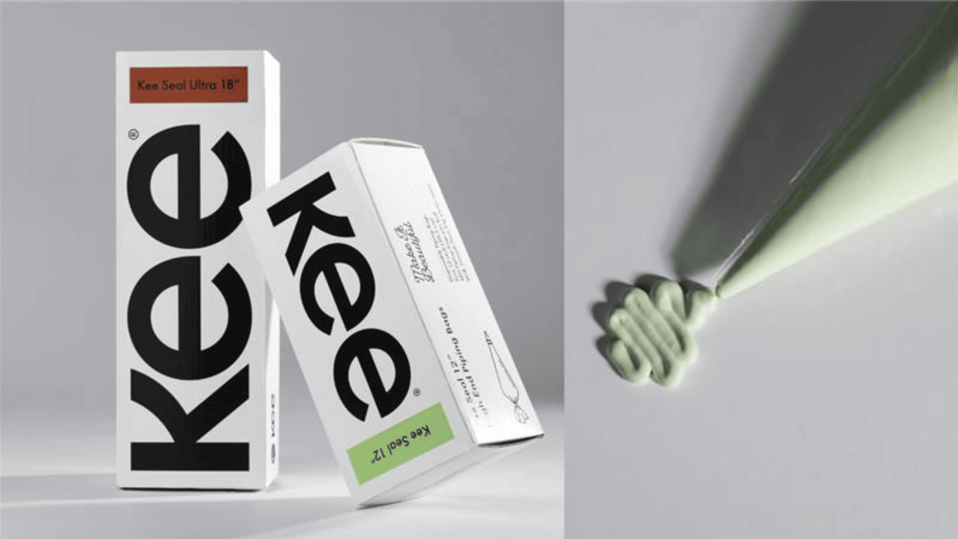 Two boxes labeled kee stand upright and tilted, next to a pipette dispensing a swirl of light green cream onto a white surface. The packaging is minimalist with black text and red and green accent labels.