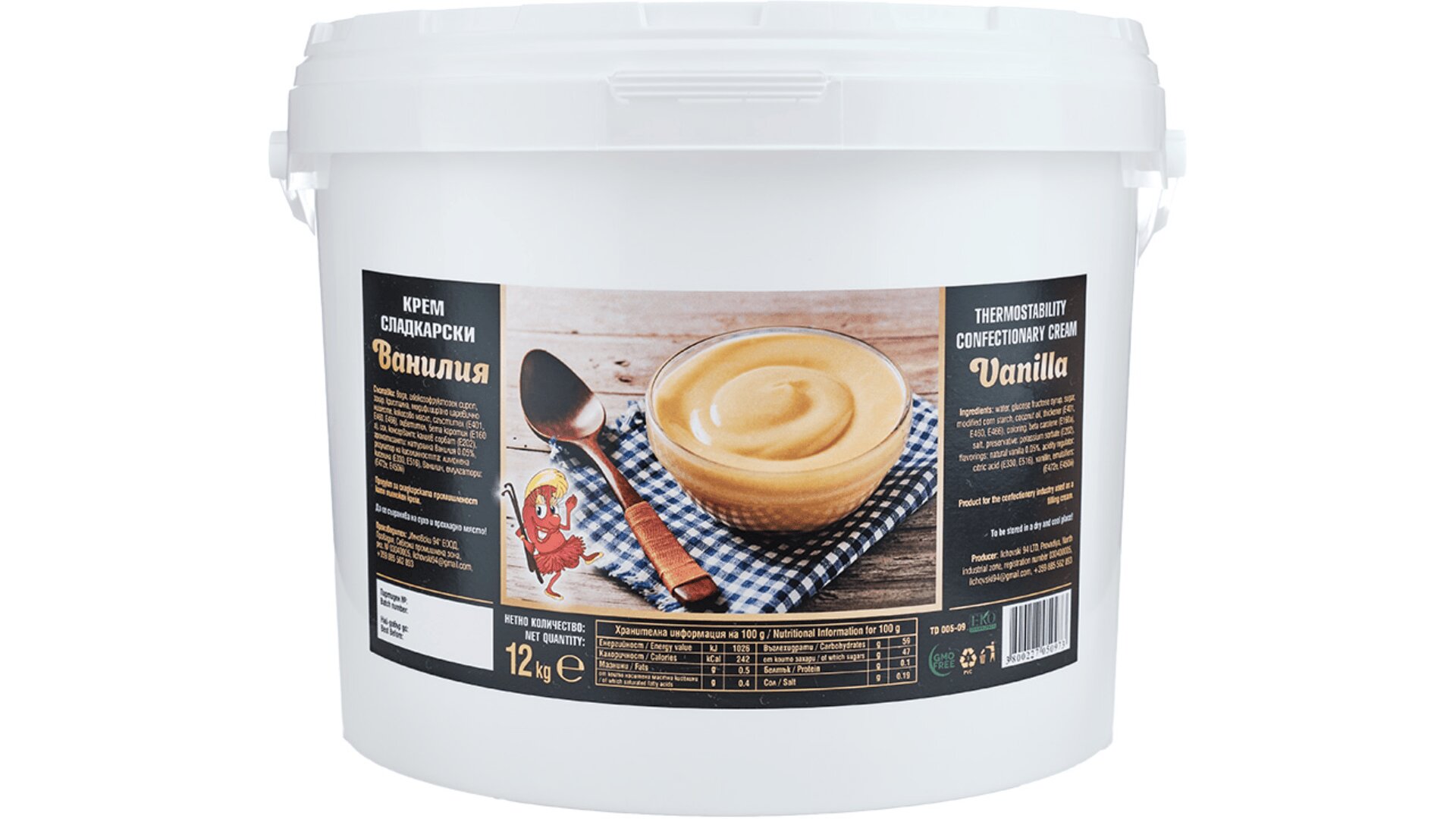 A large white plastic tub with a label showing a bowl of vanilla cream dessert, a spoon, and text in Russian and English indicating “Vanilla.” The tub contains 12 kg of product and nutritional information is visible.