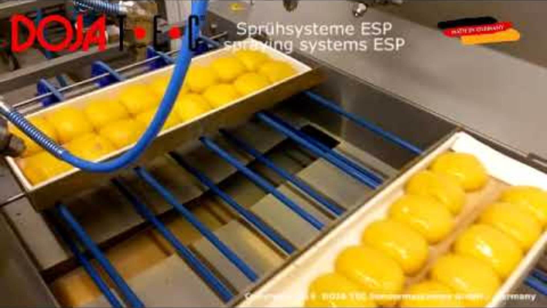 Yellow pastries are arranged in rows on trays moving along a conveyor belt in a factory. Blue pipes and machinery apply a spray coating. Text in German and English reads Sprühsysteme ESP, spraying systems ESP.