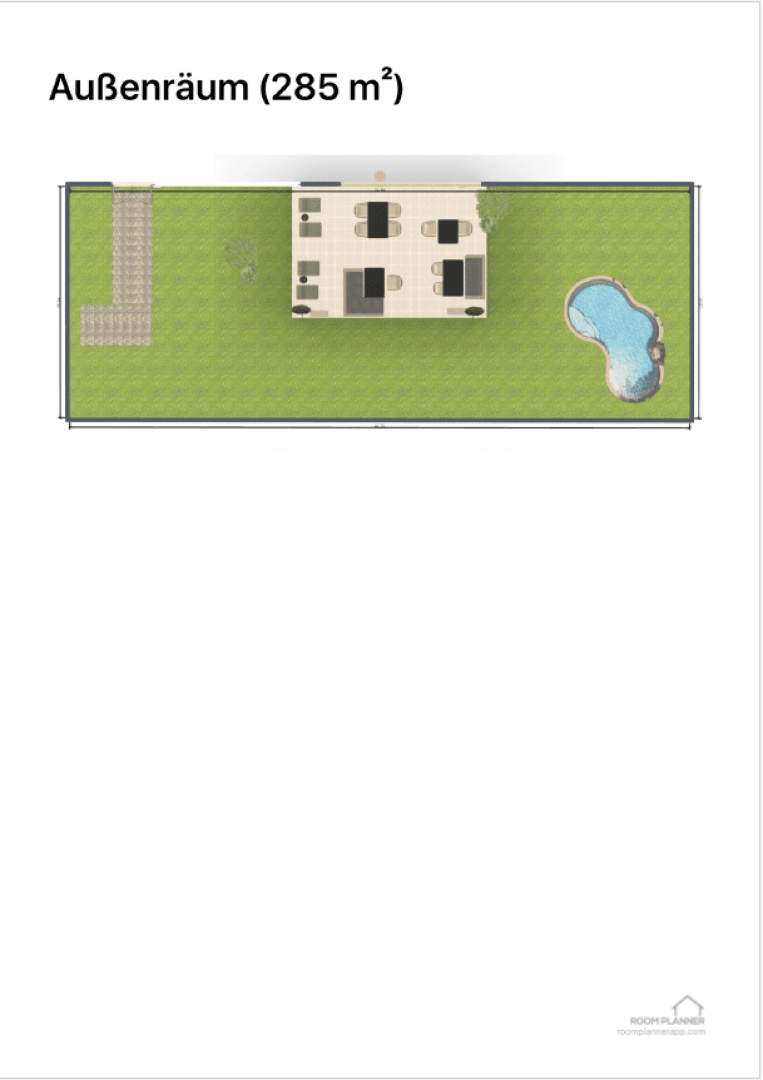 Rectangular plot with a central building, green lawn, stone path on the left, and a blue swimming pool on the right. Labeled Außenräum (285 m²) at the top.