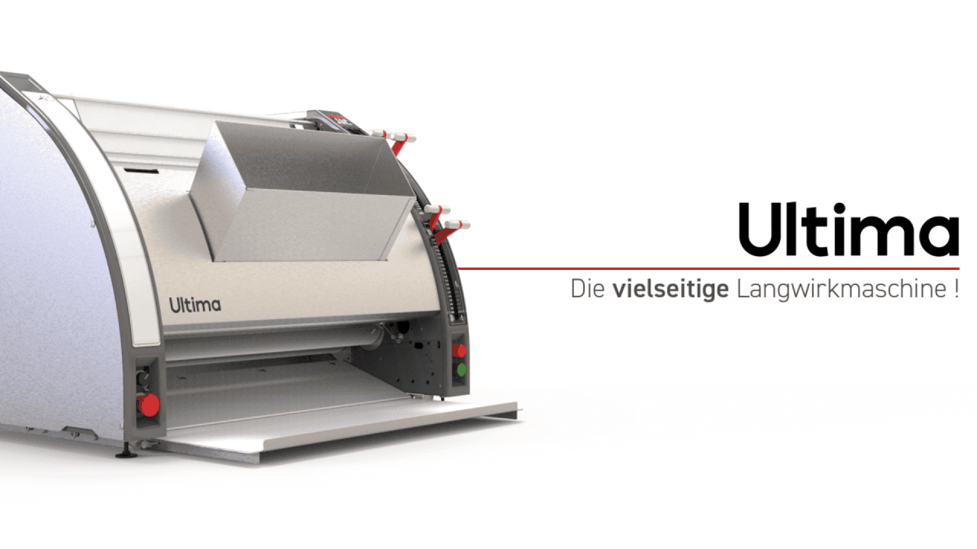 A large industrial bread machine labeled Ultima with a metal hopper and conveyor, next to German text: Die vielseitige Langwirkmaschine! meaning The versatile long-moulding machine!.