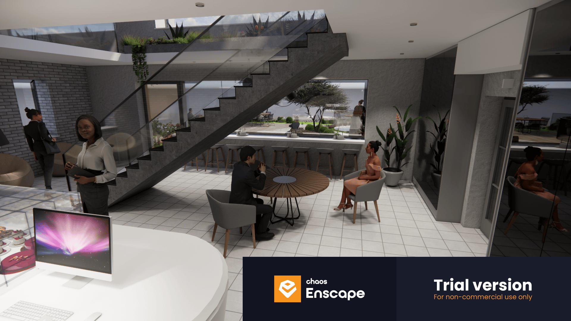 Ein modernes Bürofoyer mit sitzenden und stehenden Menschen, großen Fenstern, einer Treppe, Topfpflanzen und einem Empfangstresen mit einem Computer. Das Wasserzeichen der Enscape-Testversion ist in der unteren rechten Ecke sichtbar.