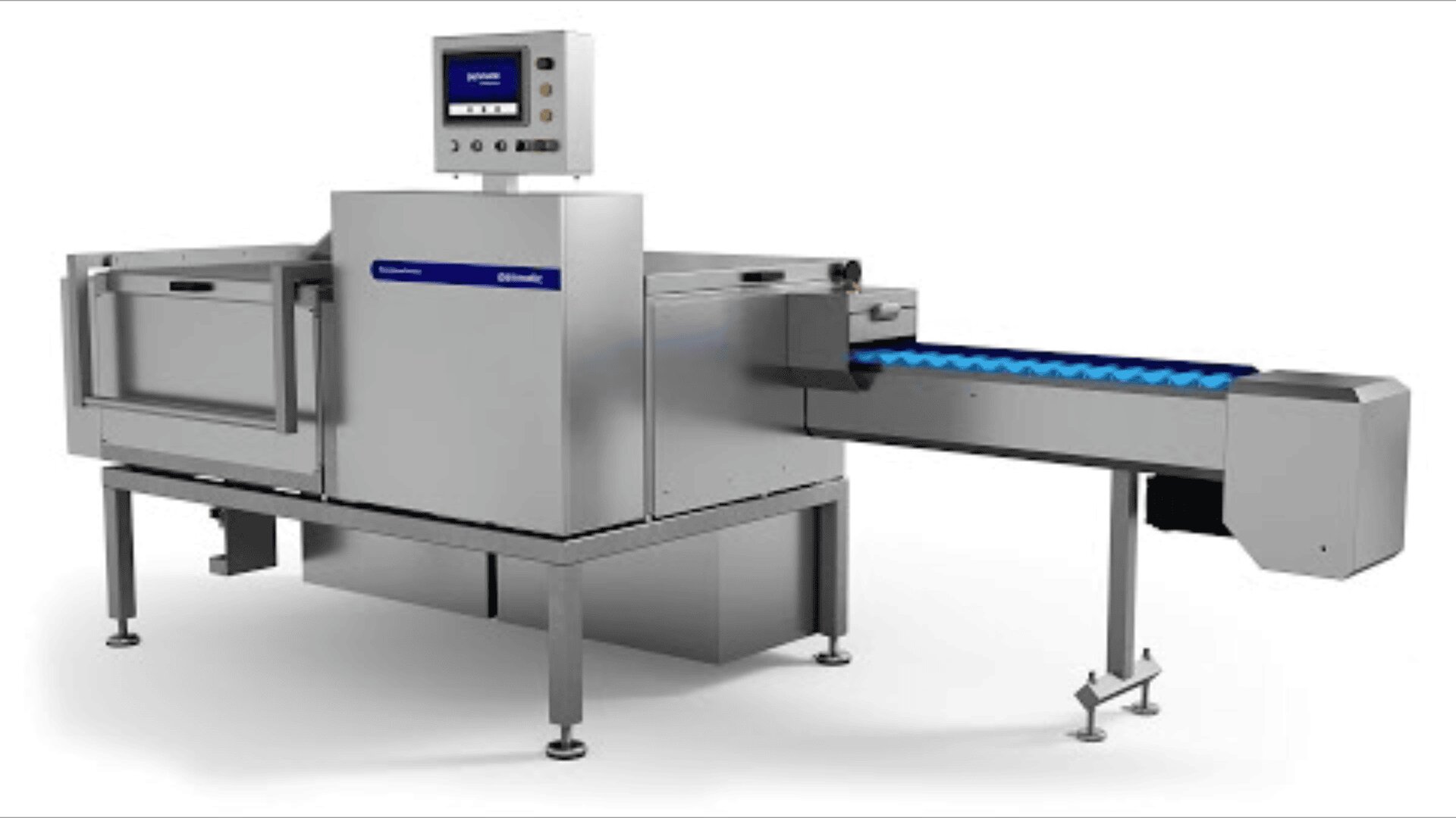A stainless steel industrial food processing machine with a control panel and a blue conveyor belt, designed for automated inspection or packaging in a factory setting.