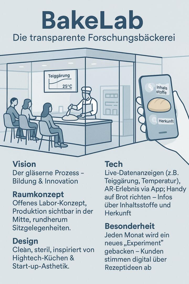 Ein illustriertes Poster zeigt BakeLab, eine Forschungsbäckerei. Menschen beobachten Bäcker durch Glaswände. Eine Hand hält ein Smartphone mit Zutateninformationen. Der Text beleuchtet Vision, Konzept, Technologie und Funktionen auf Deutsch.