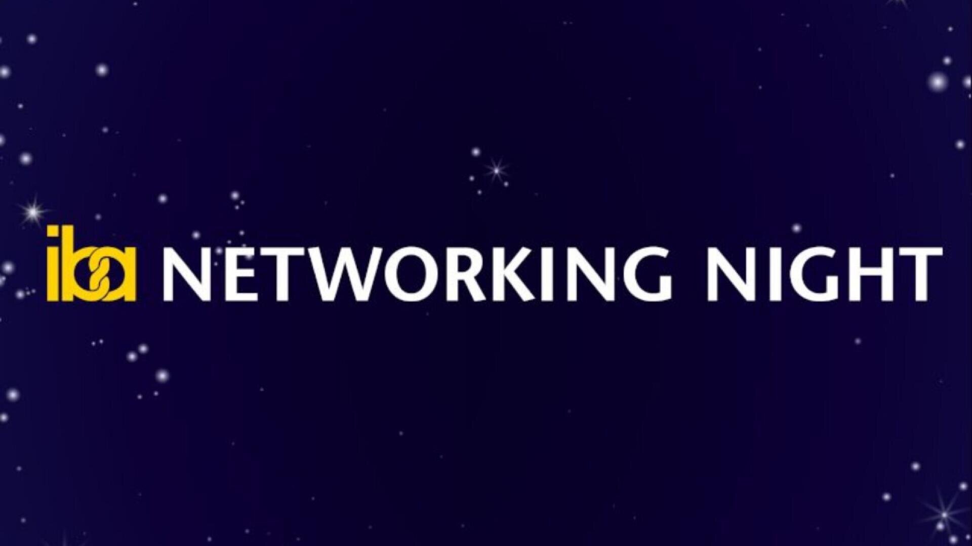 Dark blue background with small white stars. On the left, a yellow iba logo. Large white text in the center reads NETWORKING NIGHT.