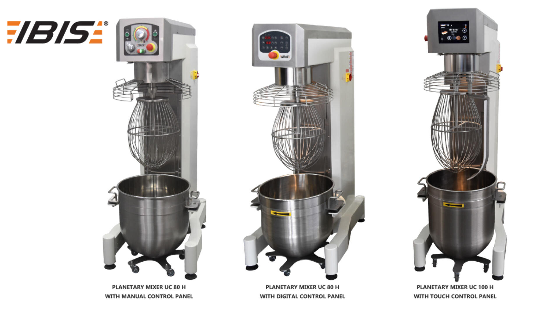 Three IBIS planetary mixers are shown side by side: one with a manual control panel, one with a digital control panel, and one with a touch control panel. Each mixer has a large metal bowl and a wire whisk attachment.