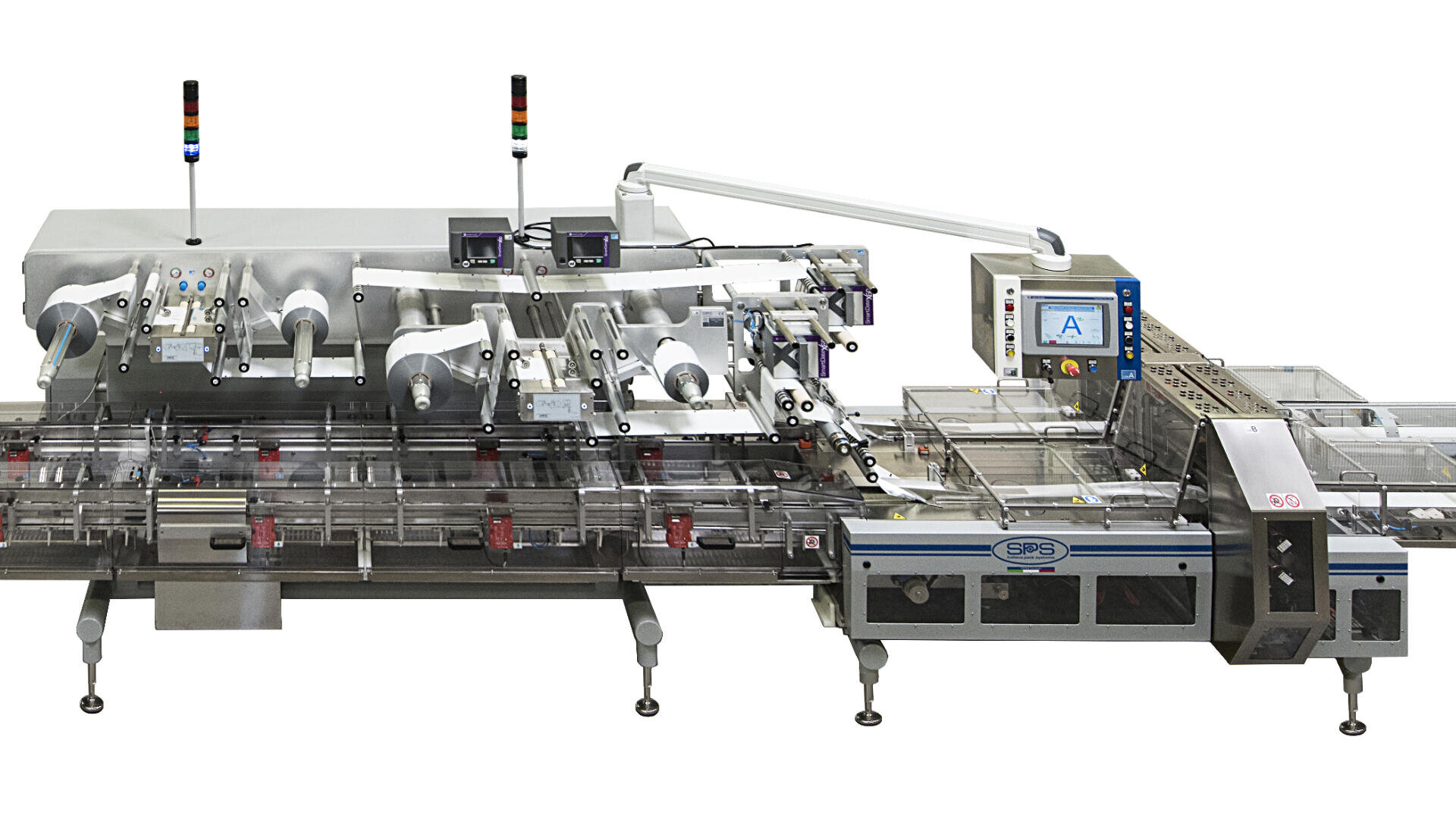 Large industrial packaging machine with multiple rollers, conveyor belts, electronic displays, and control panels, used for automated wrapping or packaging of products in a factory setting.