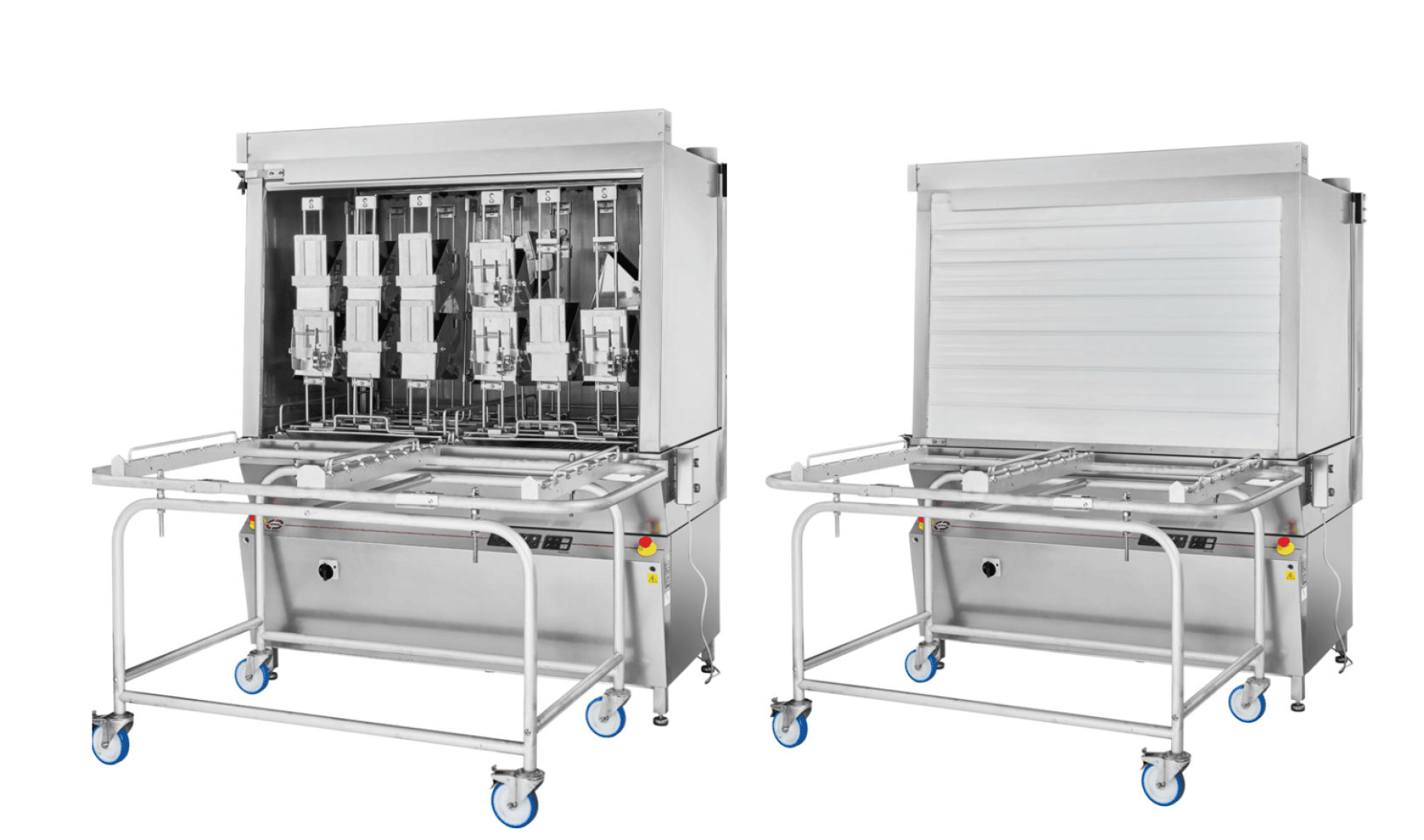 Two large stainless steel medical washing machines on wheels, one open showing internal racks and washing components, and one closed with a white panel, both designed for cleaning medical instruments.