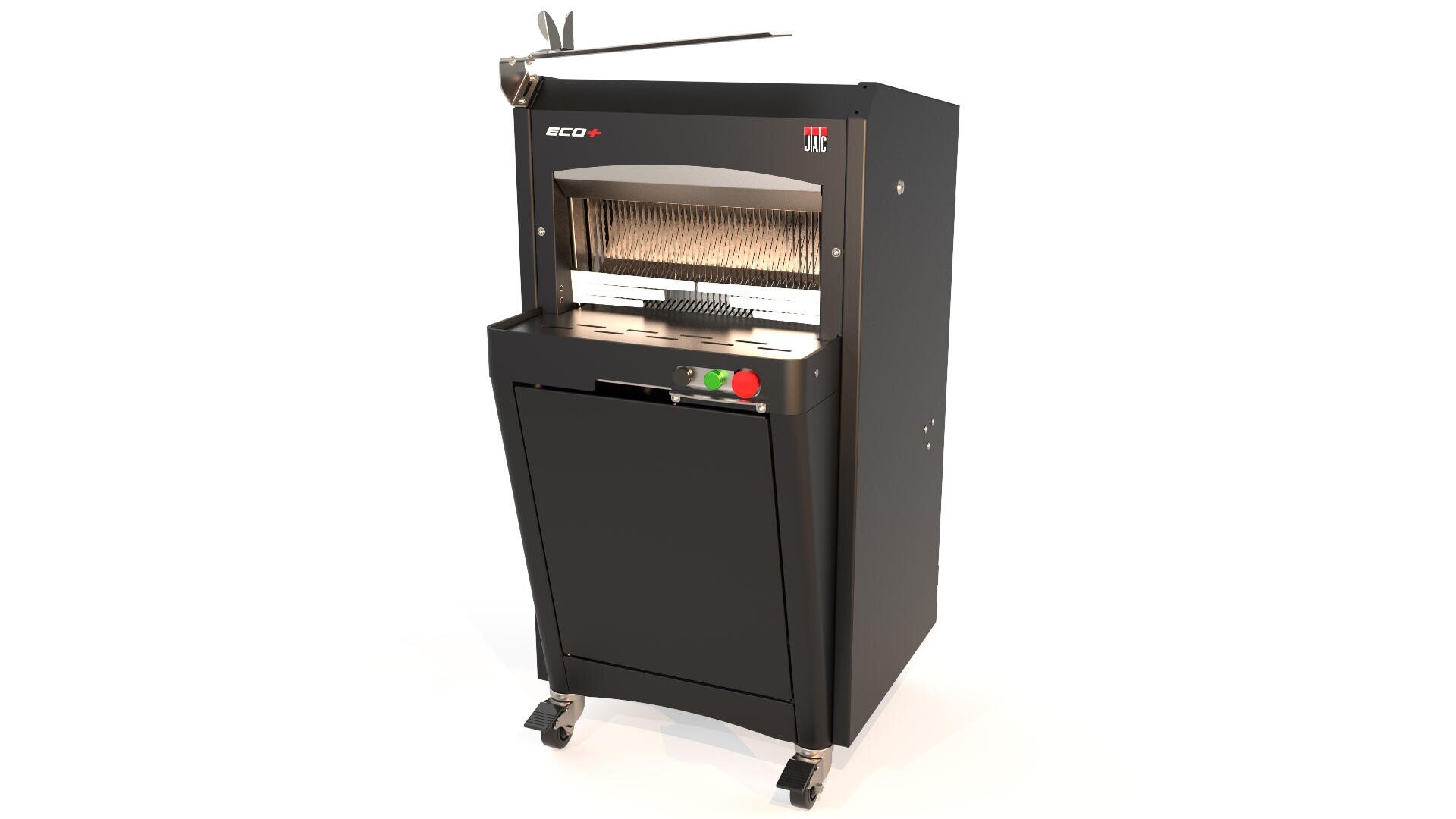A commercial bread slicer machine with a black body, silver cutting blades, and control buttons, standing on wheels against a white background.